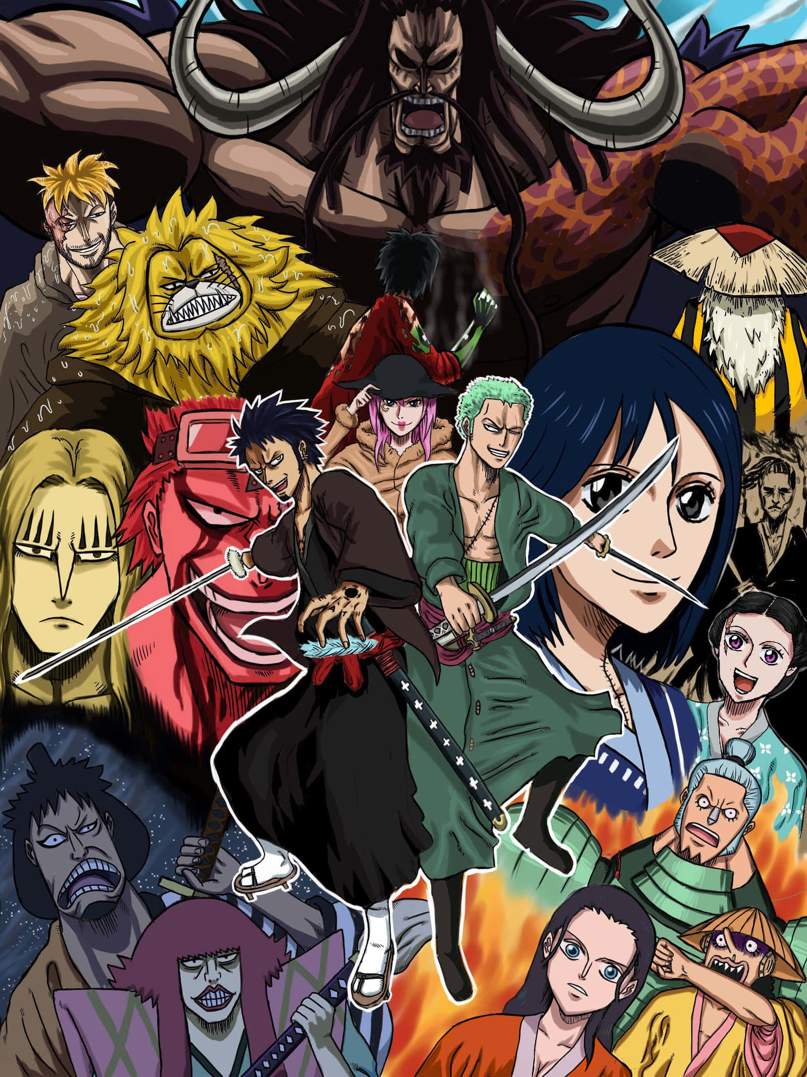Wano Country 桌布 壁紙 — 一張動態動漫拼貼畫，展示《海賊王》中多樣角色在火熱背景下的戲劇性姿勢。