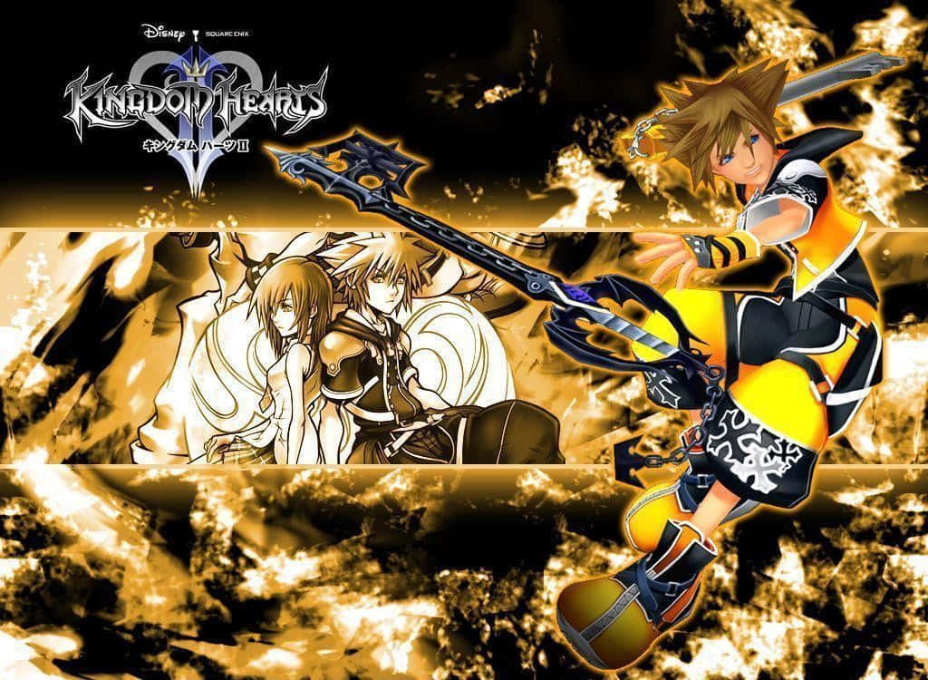 Kingdom Hearts Sora 桌布 壁紙 — 一張動態動漫桌布，以《王國之心 II》角色索拉和里克在火熱金色背景下揮舞鑰刃為特色。