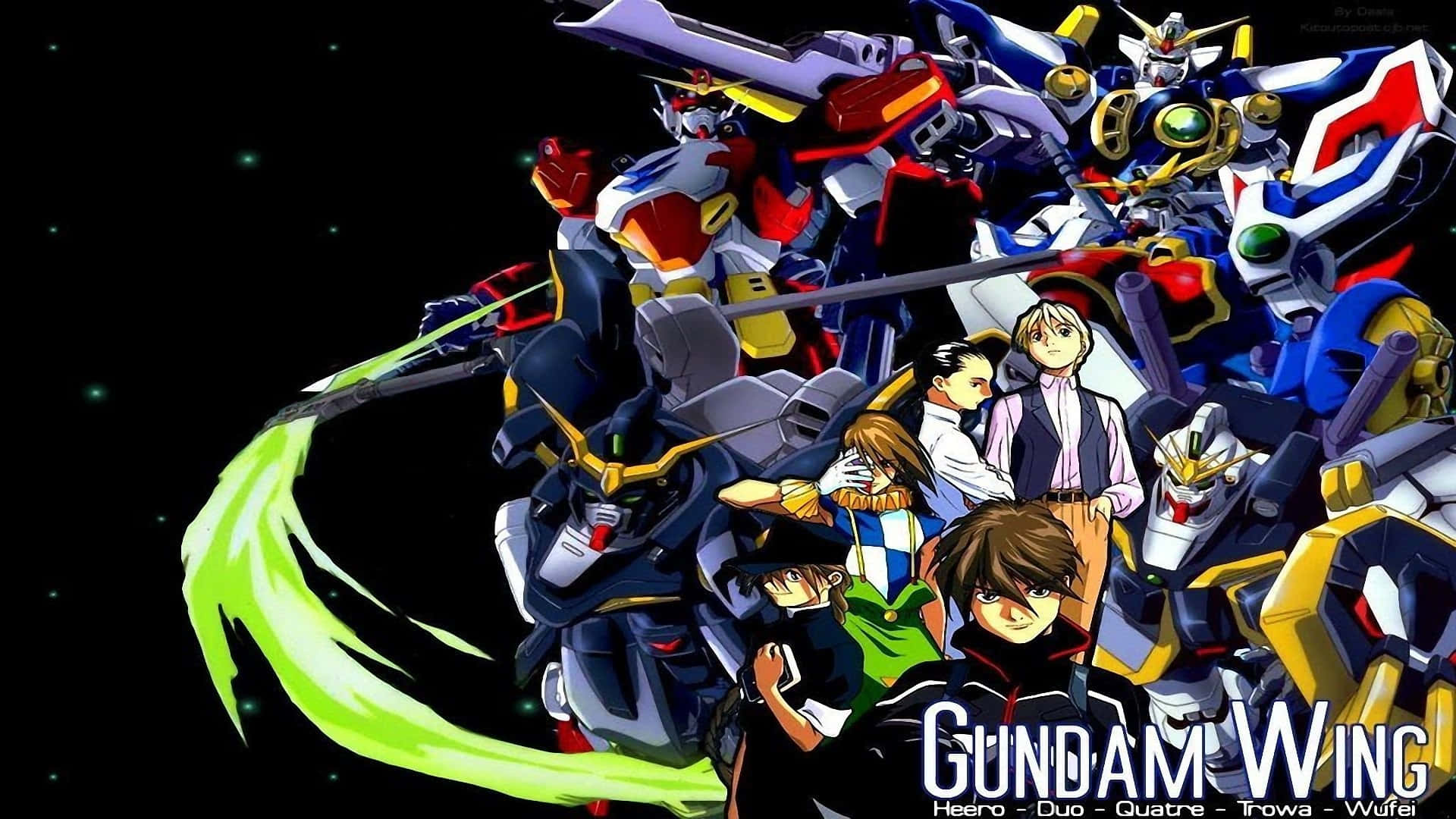 Heero Yuy 桌布 壁紙 — 一張動態動漫桌布，以Gundam Wing機動戰士和機師為特色，背景是星光閃爍的黑色，並帶有發光的綠色能量軌跡。