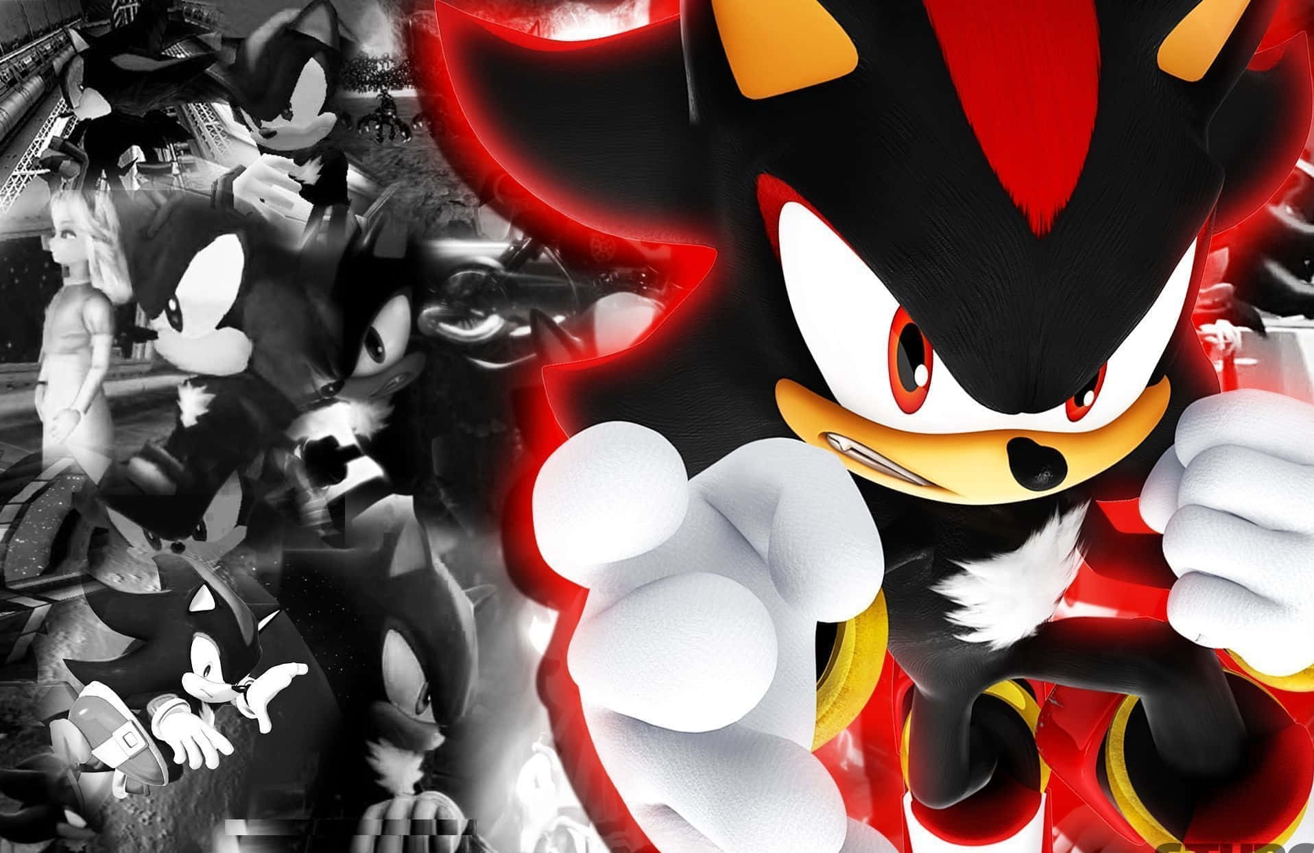 Sonic City Escape 桌布 壁紙 — 一張動態動漫風格壁紙， featuring Shadow the Hedgehog 在紅色光環中，背景有黑白角色。