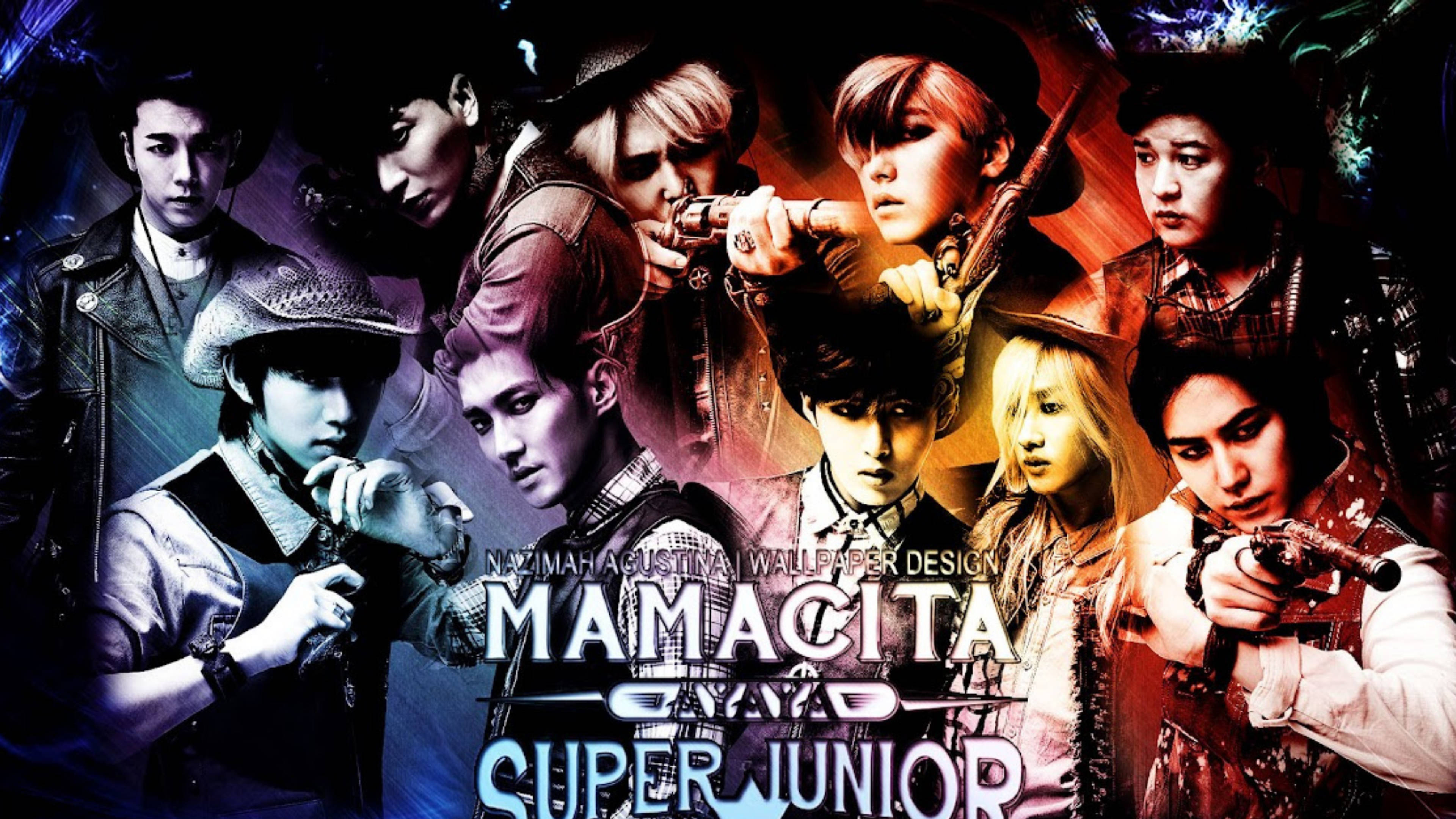 Super Junior Mamacita 壁紙 — 一張動態動漫風格壁紙，展示K-pop組合Super Junior在黑暗多彩背景前以戲劇性姿勢持槍戴帽。