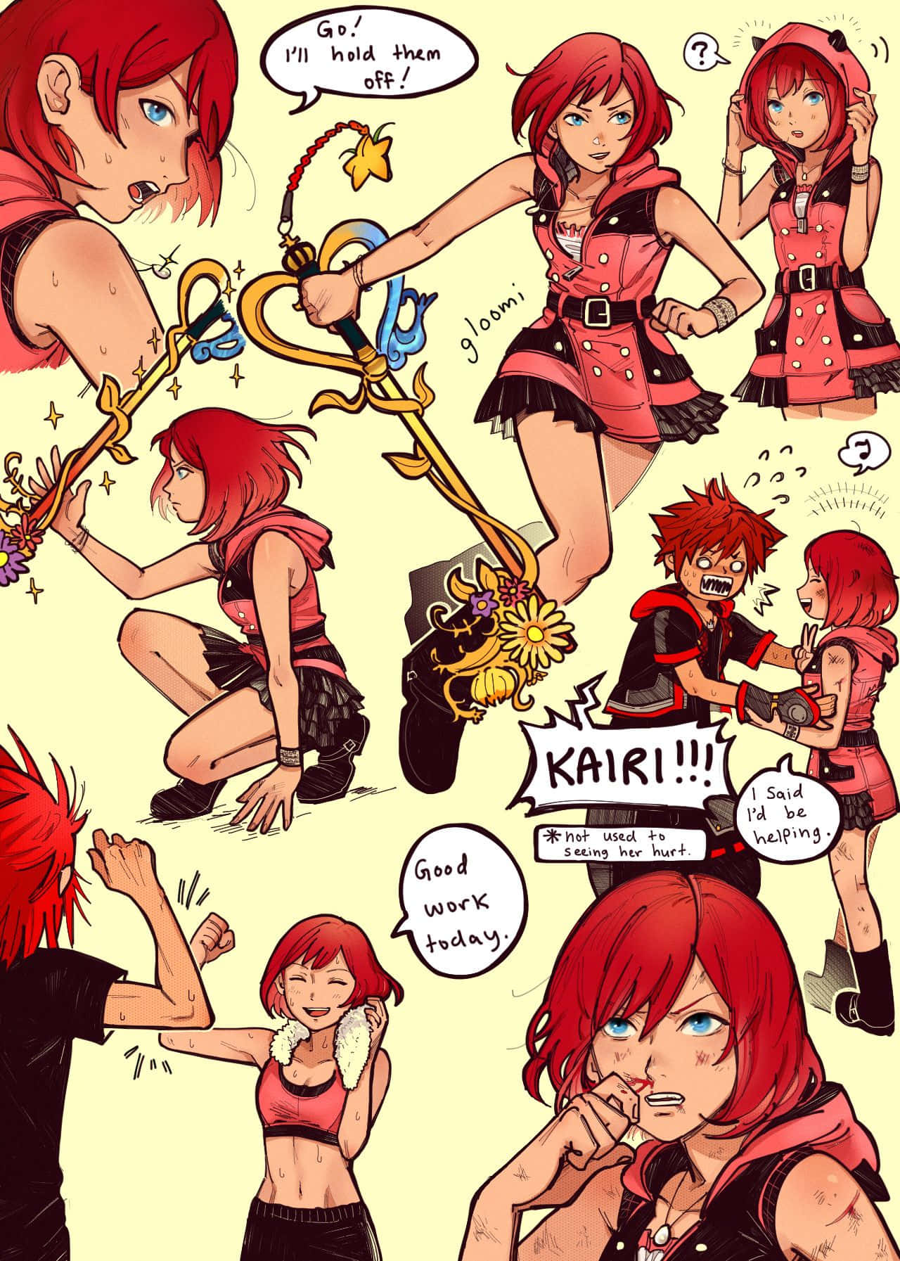 Kingdom Hearts Kairi 桌布 壁紙 — 一張動態動漫風格拼貼畫，描繪一位紅髮少女在各種動作姿勢和情感表達中揮舞著魔法鑰刃。