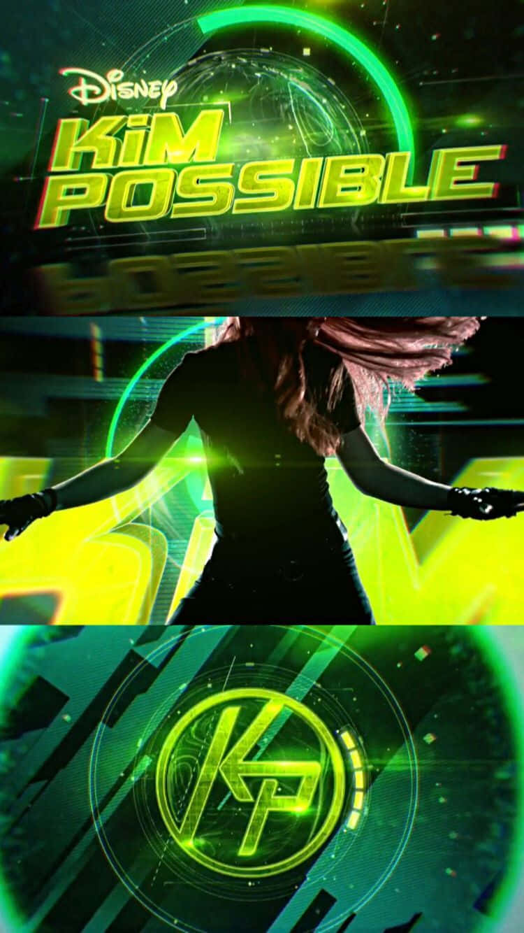 kim possible 桌布 壁紙 — 一張動態動漫風格桌布，以發光綠色霓虹科技元素和她標誌性標誌為背景，呈現 Kim Possible 的剪影。