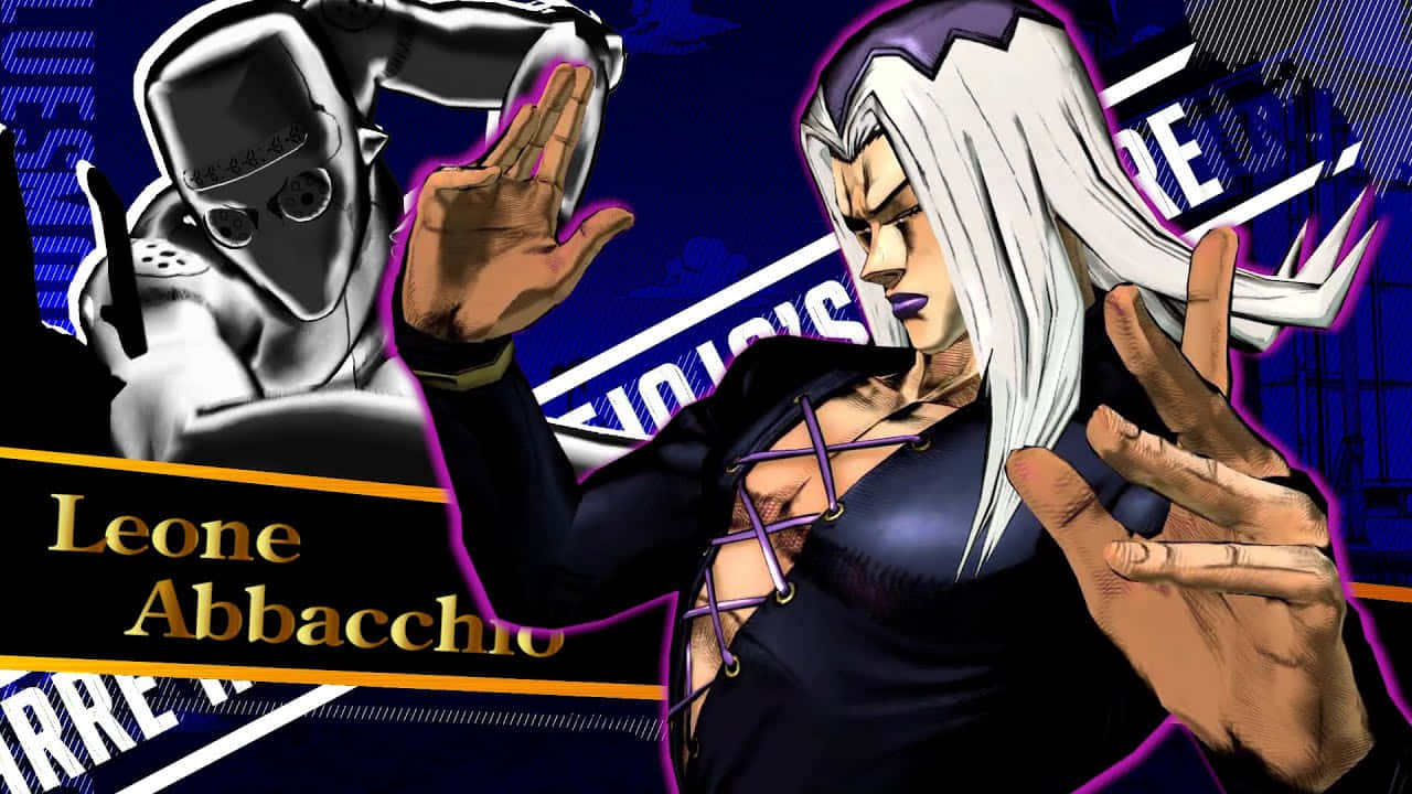 Leone Abbacchio 桌布 壁紙 — 一張動態動漫風格桌布，以白髮的里奧內·阿巴喬和機械人形象為特色，背景為鮮豔的藍色和紫色。