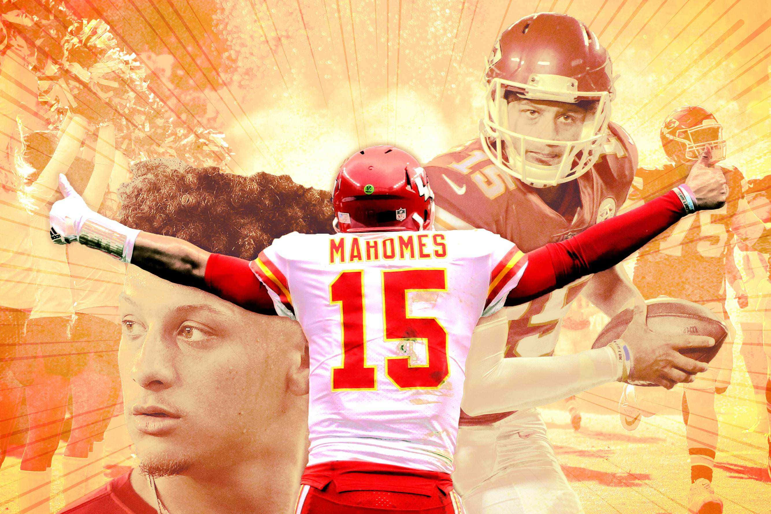 Kansas City Chiefs 桌布 壁紙 — 一張動態拼貼畫，描繪了身穿酋長隊球衣的足球運動員帕特里克·馬霍姆斯在燦爛的金色背景下張開雙臂慶祝。