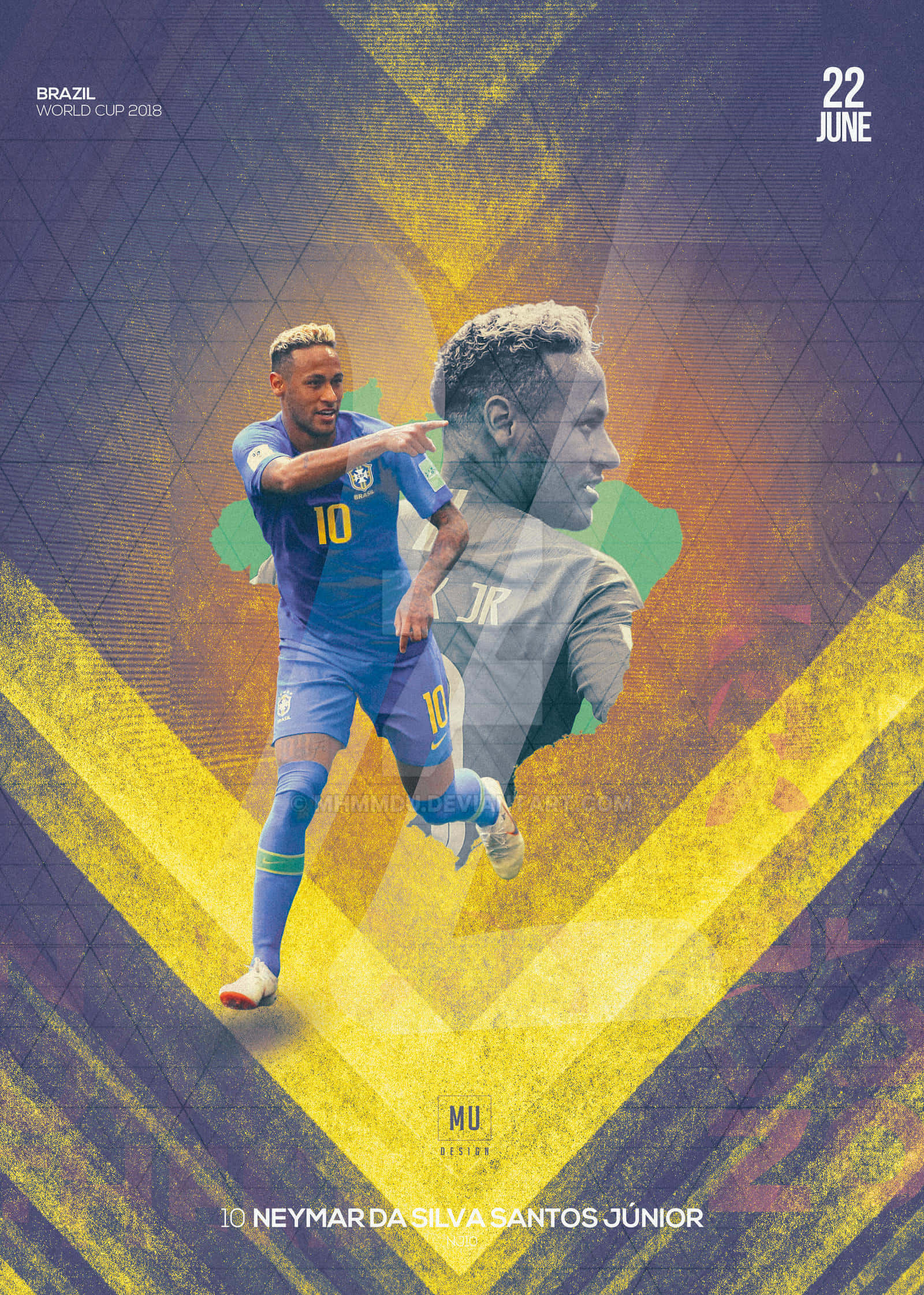 Neymar 桌布 壁紙 — 一張動態數位藝術海報，描繪尼馬身穿巴西藍色球衣，在風格化的黃色和紫色幾何背景中慶祝。