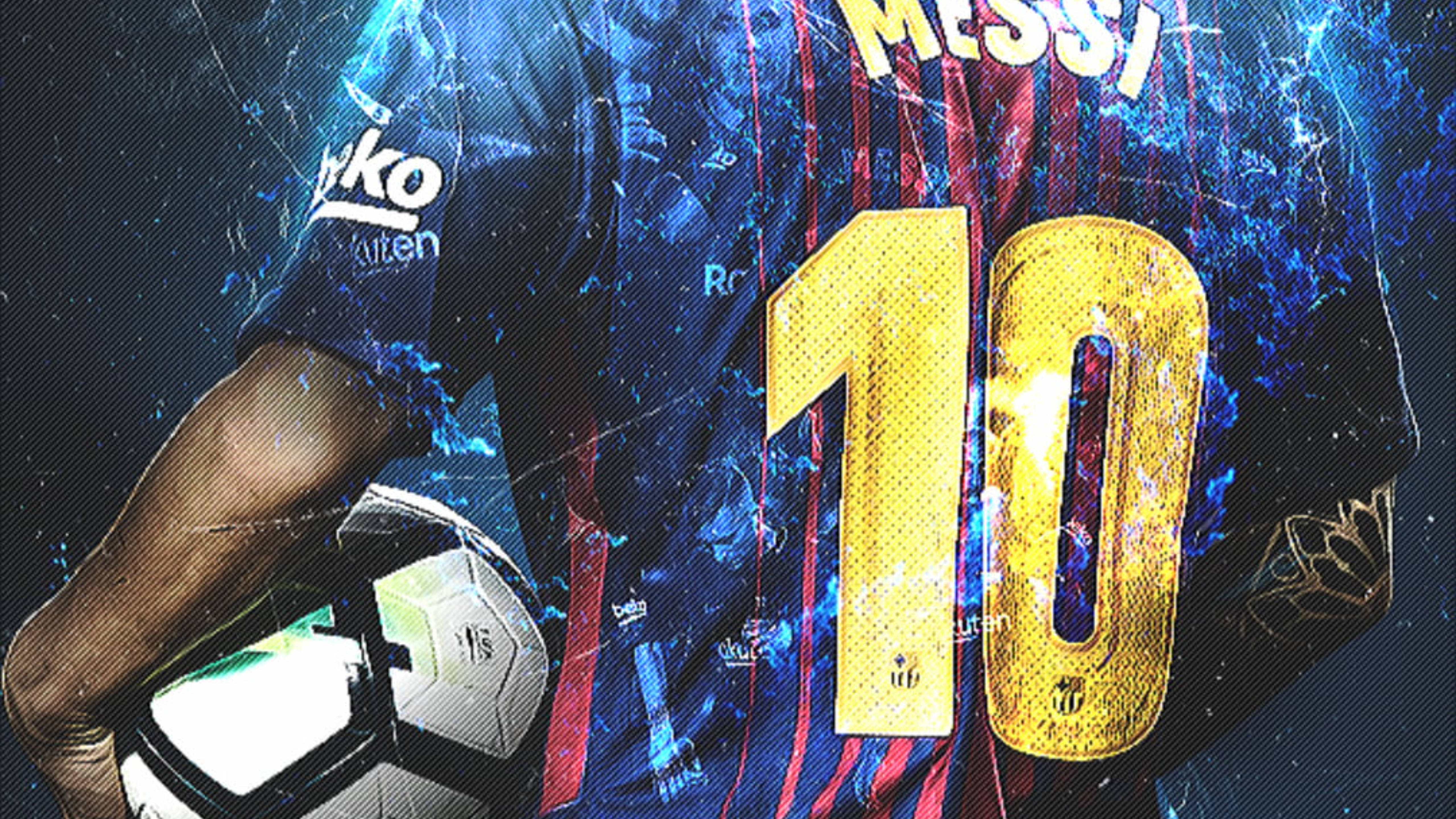 4K Football Lionel Messi Number 壁紙 — 一張動態數碼藝術肖像，描繪足球員美斯身穿其標誌性10號球衣，在宇宙藍黑背景下手持足球。