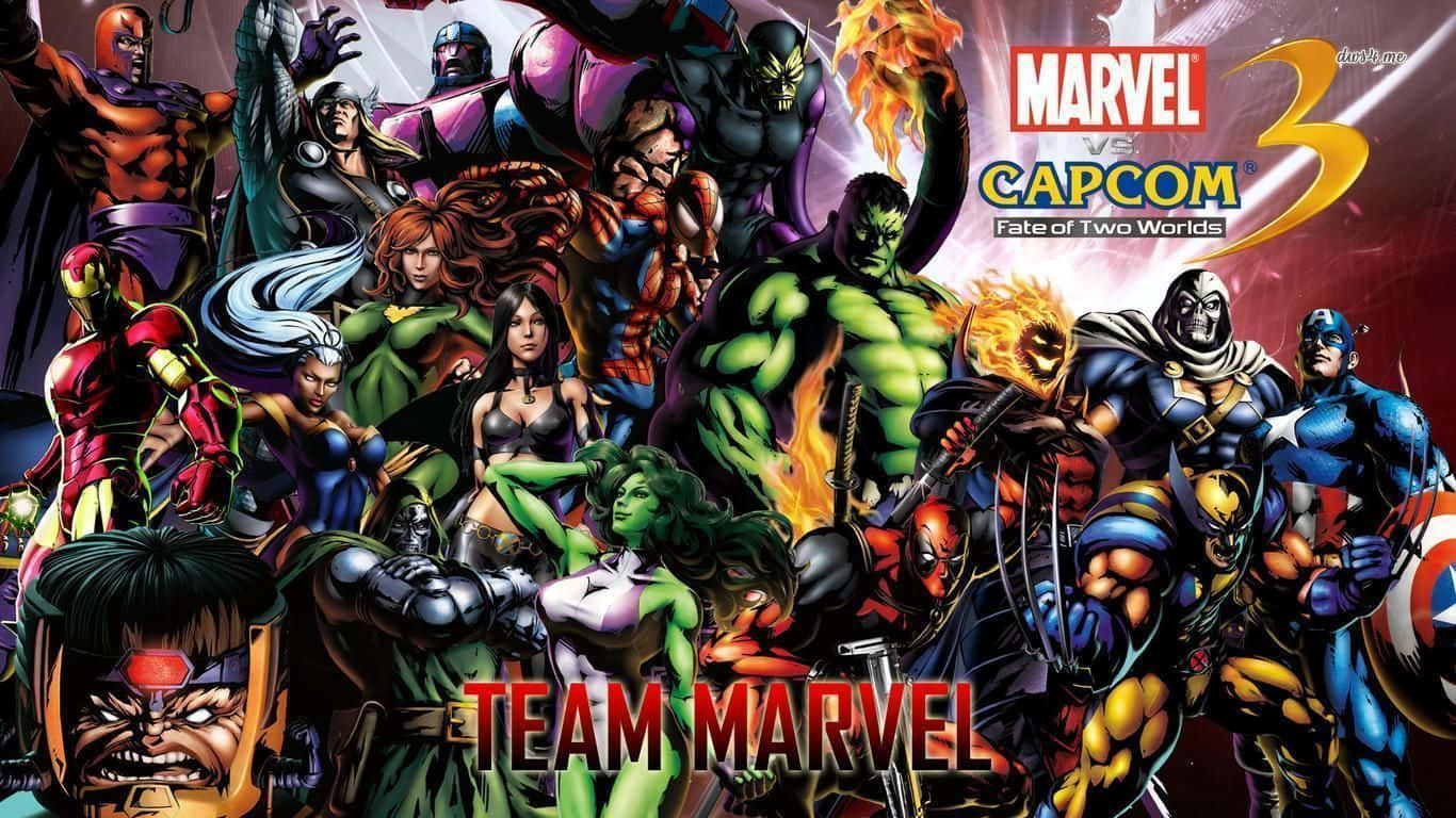 Marvel Vs Capcom 桌布 壁紙 — 一張動態漫畫海報，以英雄姿態展示 Team Marvel 角色，背景是熾熱的宇宙。
