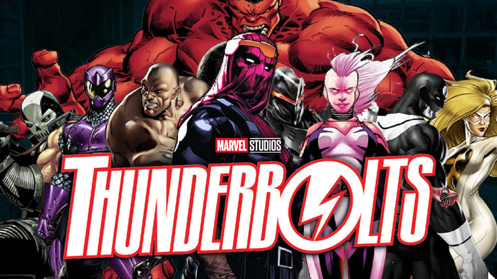 Thunderbolts 桌布 壁紙 — 一張動態漫畫海報，描繪雷霆特攻隊，浩克在他們身後若隱若現。
