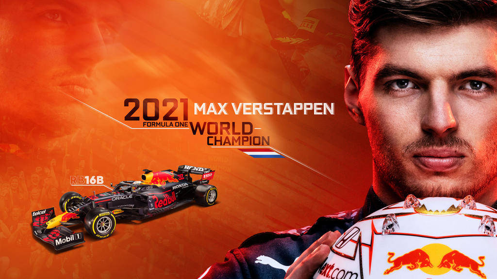 Verstappen 桌布 壁紙 — 一張動態的一級方程式冠軍肖像，他的賽車以火熱的橙色背景襯托，慶祝他2021年的冠軍頭銜。