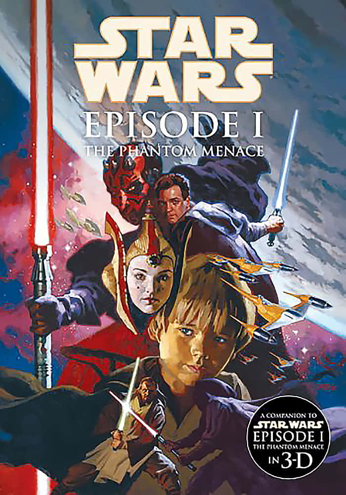 The Phantom Menace 桌布 壁紙 — 一張動態的星際大戰海報，描繪安納金·天行者、佩咪·艾米達拉和達斯·摩爾在宇宙背景下揮舞光劍，背景有星際戰機。