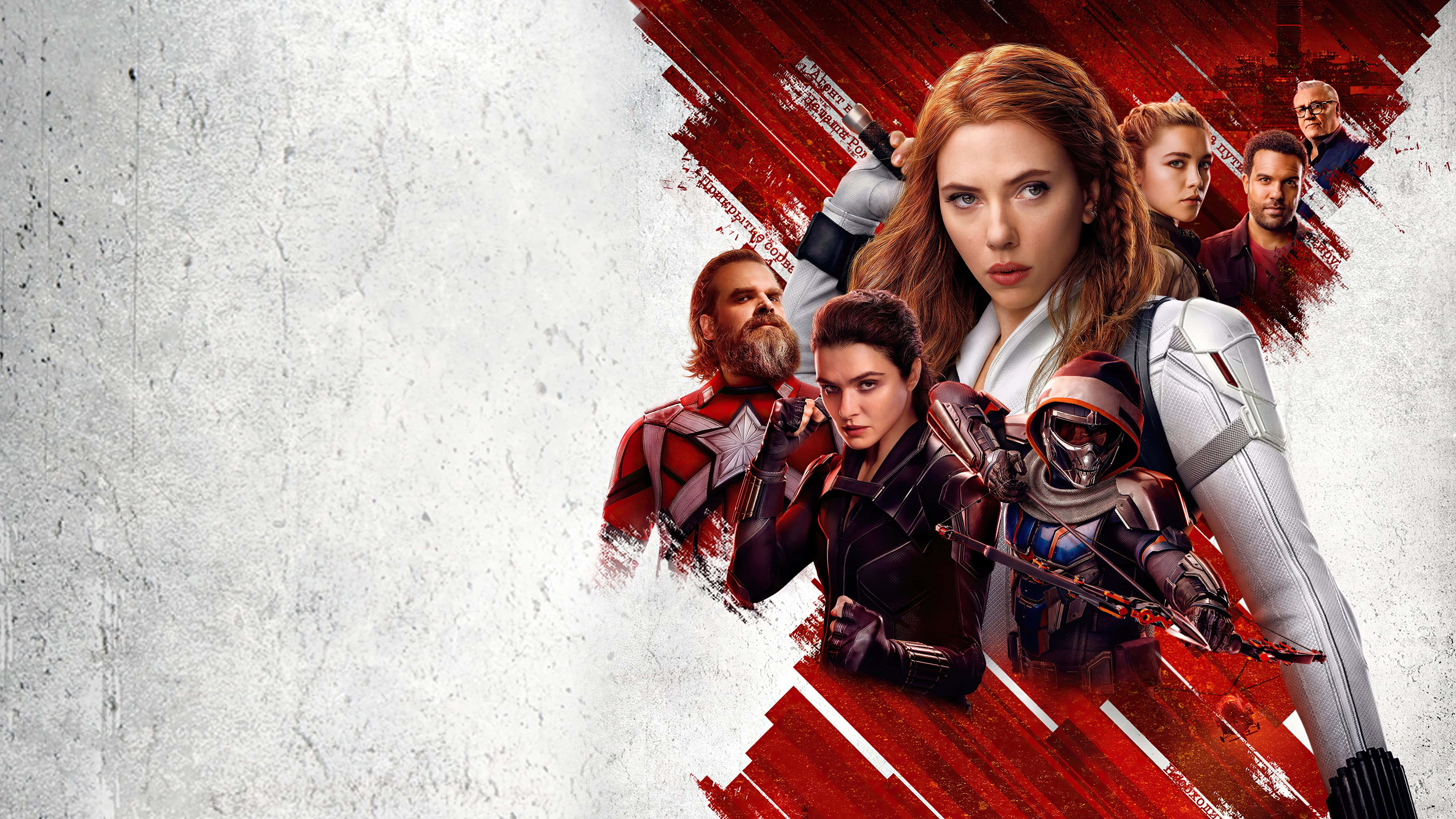 Natasha Romanoff 桌布 壁紙 — 一張動態的超級英雄團隊肖像， featuring Black Widow 和盟友，背景為大膽的紅色和白色紋理背景。