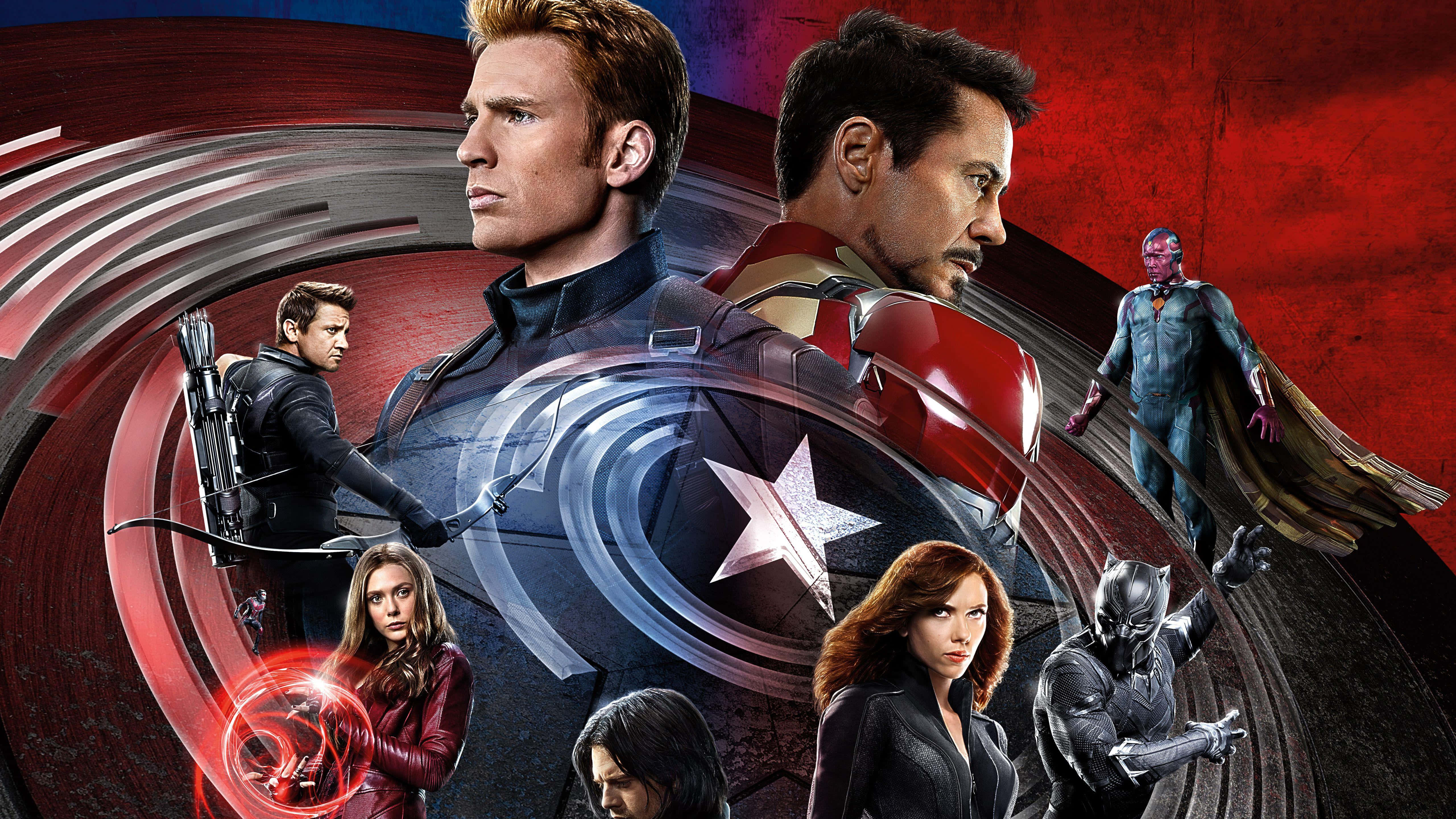 Iron Man Vs Captain America 桌布 壁紙 — 一張動態的超級英雄團隊肖像， featuring 美國隊長、鋼鐵人、黑寡婦和其他英雄在紅色金屬圓形背景前擺出動作姿勢。
