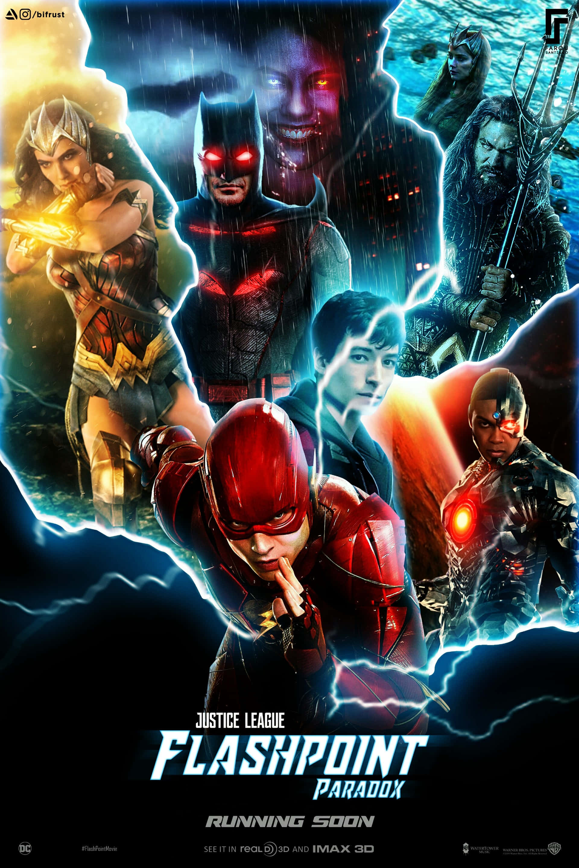 Justice League The Flashpoint Paradox 桌布 壁紙 — 一張動態超級英雄海報， featuring Batman、Wonder Woman 和 The Flash 在閃電和雨中，眼睛發光，表情強烈。