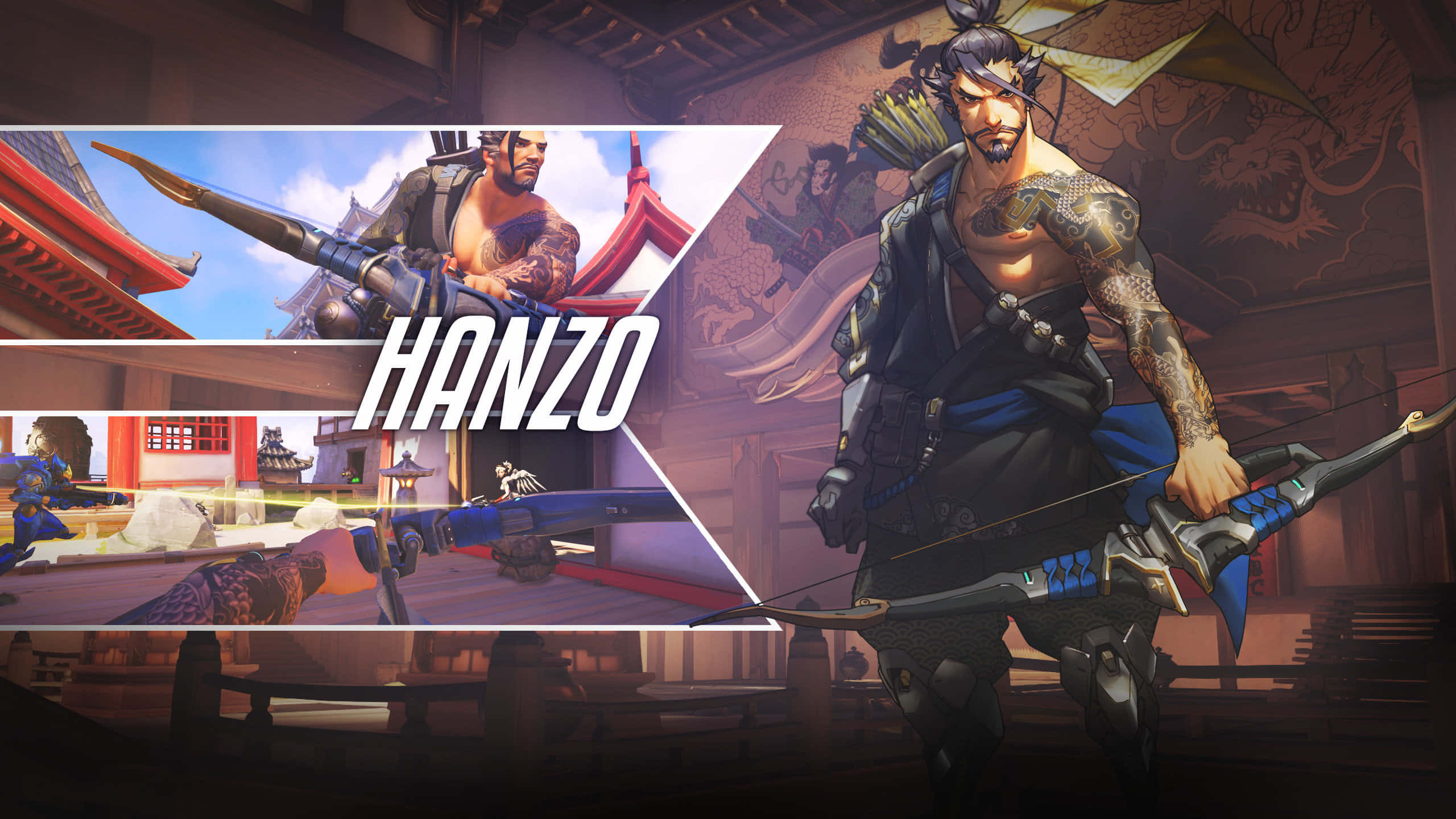 Overwatch Hanzo 桌布 壁紙 — 一張動態遊戲壁紙，以日本寺廟為背景， featuring 弓箭手半藏及動作場景。