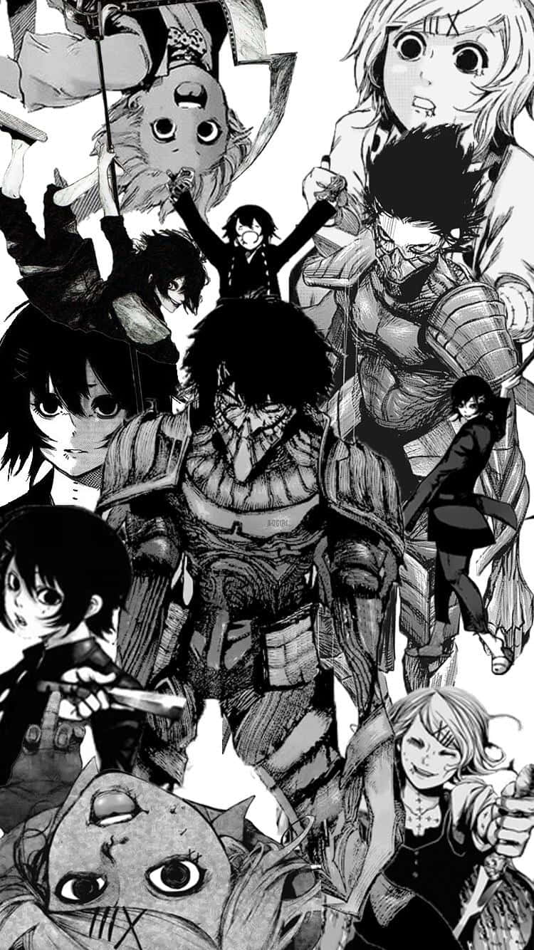 Manga Characters 桌布 壁紙 — 一張動態黑白漫畫拼貼畫， featuring 激烈的動漫角色以戰鬥姿勢呈現，線條細緻，表情豐富。