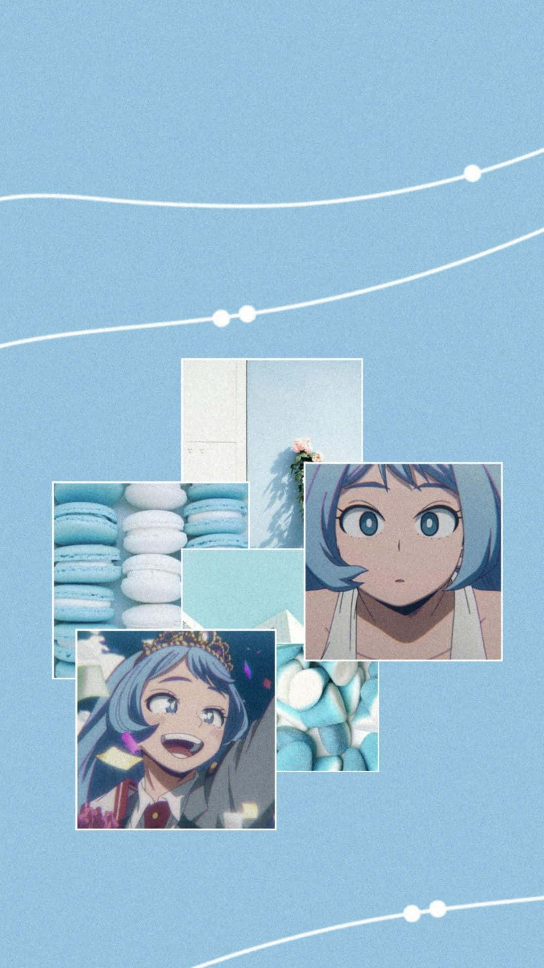 Nejire Hado 桌布 壁紙 — 一張動漫女孩肖像和藍色馬卡龍的拼貼畫，排列在帶有白色線條裝飾的柔和藍色背景上。