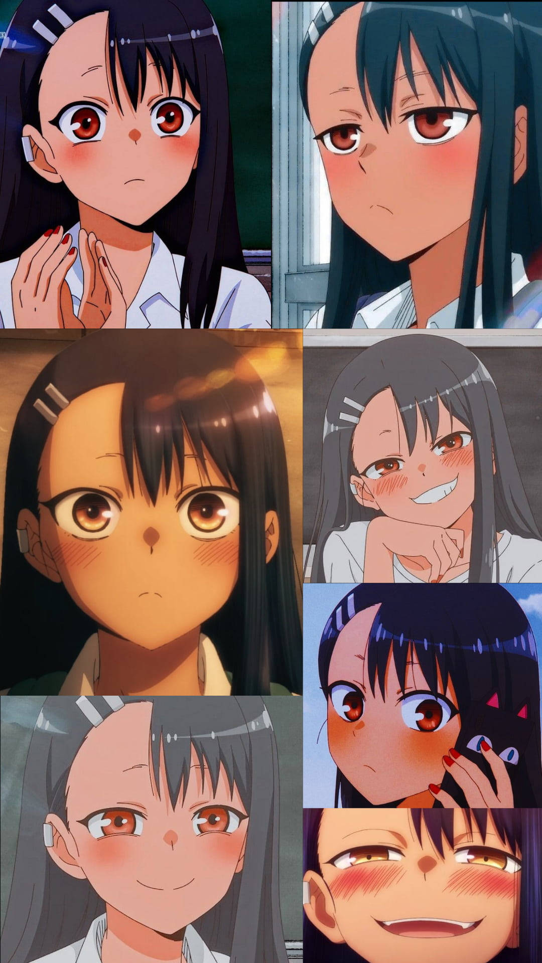Nagatoro 桌布 壁紙 — 一張動漫少女肖像拼貼畫，展現從害羞到開朗的多種表情，紅眼睛和深色頭髮。