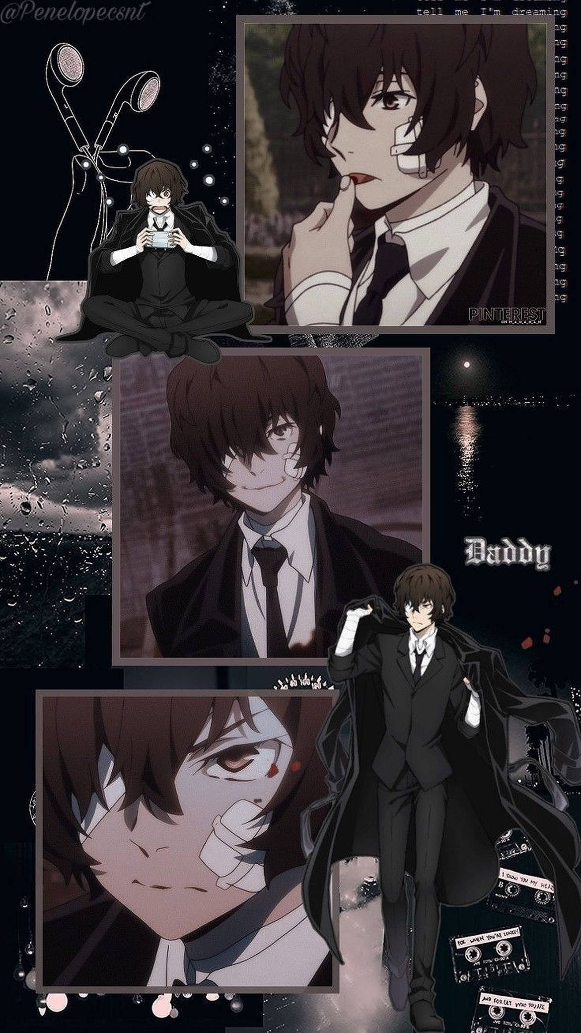 Daddy Dazai 壁紙 — 一張動漫角色場景拼貼畫，描繪一位身穿深色西裝、臉纏繃帶的男子在雨中的城市環境中。