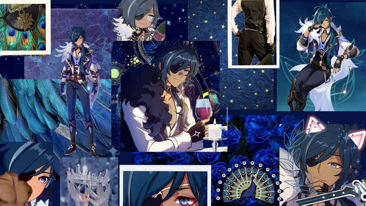 Kaeya 桌布 壁紙 — 一張動漫角色拼貼畫，角色擁有藍色頭髮和星空背景，並飾有孔雀羽毛和優雅服裝。
