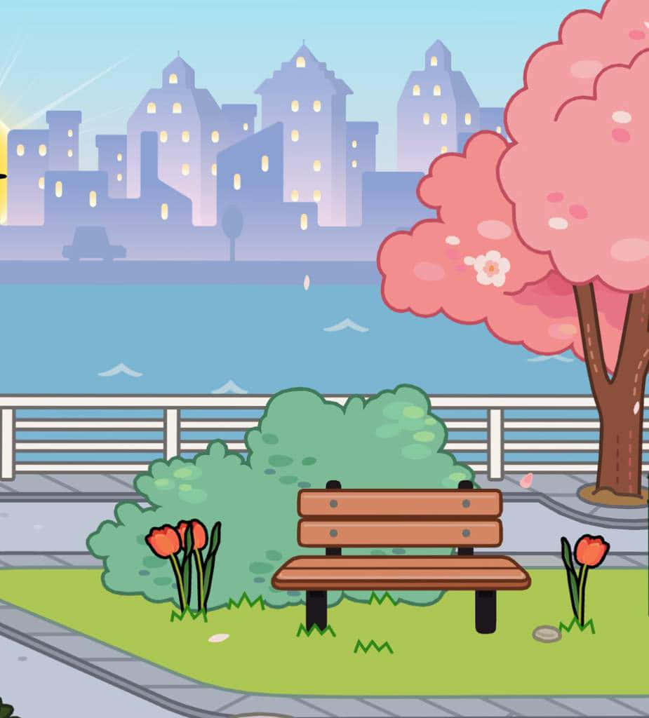 toca boca 桌布 壁紙 — 一張卡通長椅坐在城市公園日出時分的櫻花樹旁，旁邊有紅色鬱金香。