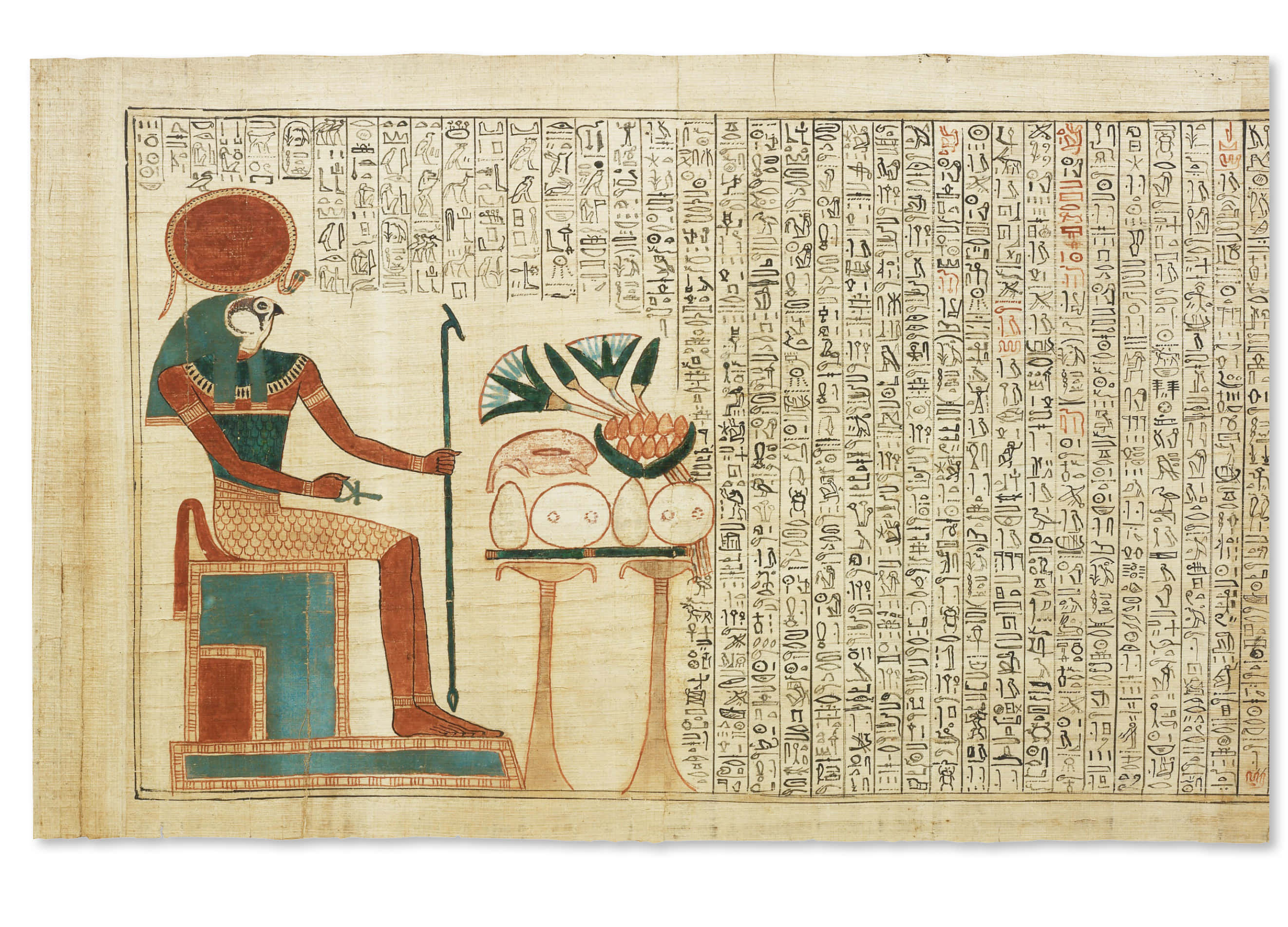 Ancient Egypt 桌布 壁紙 — 一張古埃及紙莎草紙描繪了一位鷹頭神祇坐著，手持權杖，旁邊有祭品和象形文字。