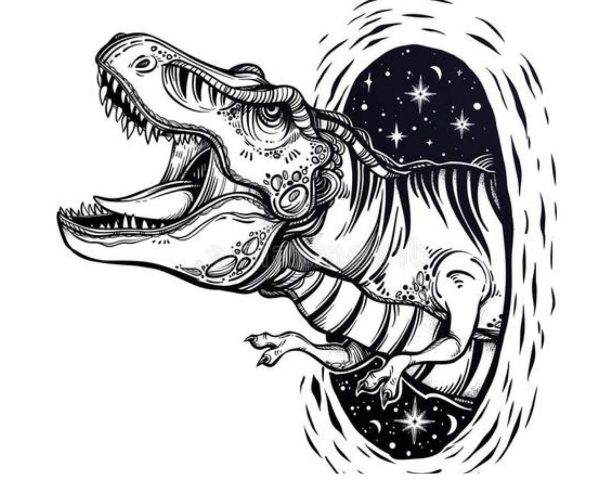 一張咆哮霸王龍的細緻繪畫 壁紙 — 一隻咆哮的暴龍衝破宇宙傳送門，顯露出星星和彎月，採用大膽的黑白線條藝術風格。