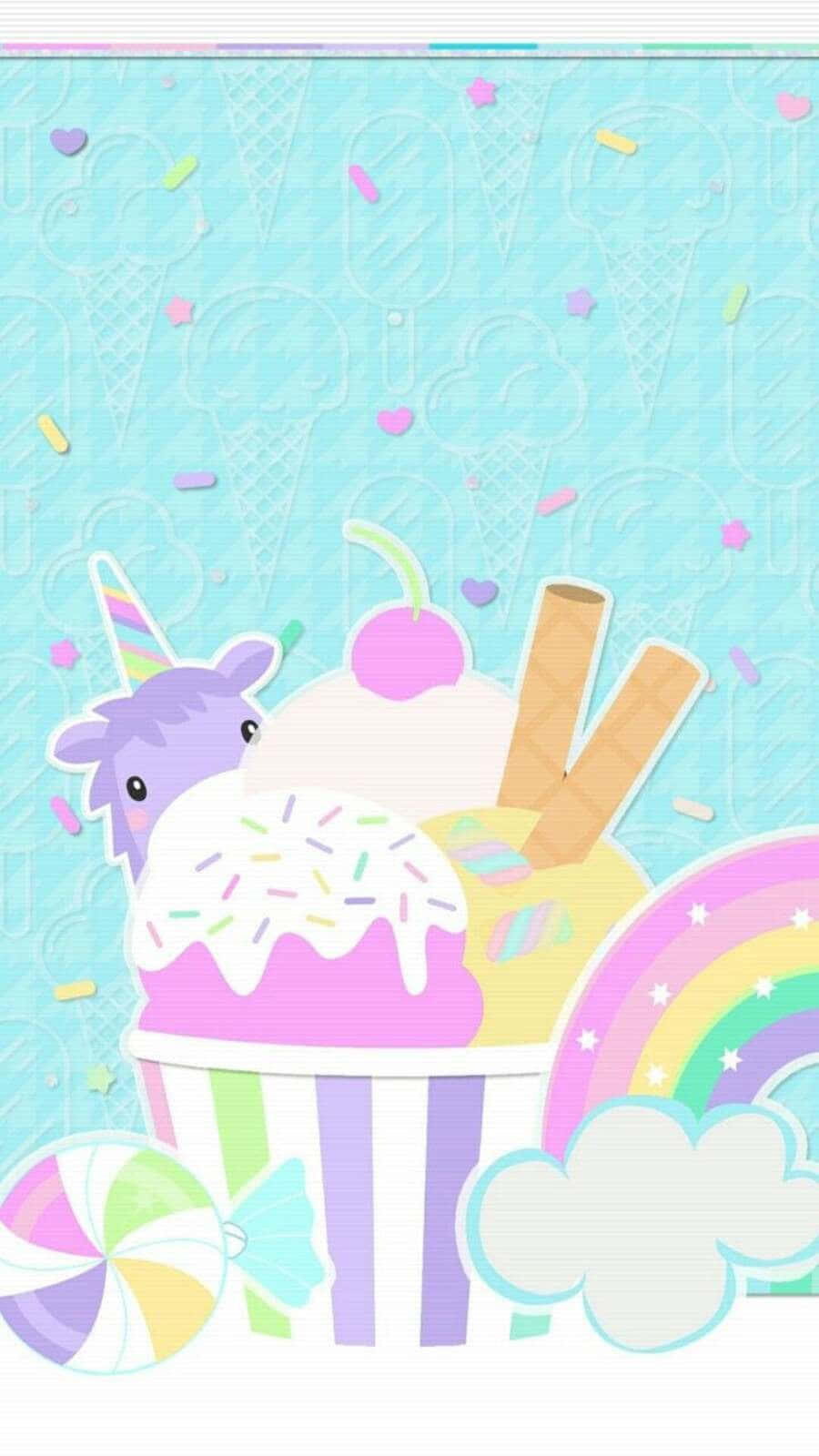 Kawaii Rainbow 桌布 壁紙 — 一張夢幻的粉彩牆紙，上面有一隻紫色獨角獸從一個巨大的雪糕杯中探出頭來，杯上有彩虹糖針，旁邊有一根拐杖糖，背景是彩虹和雲朵。