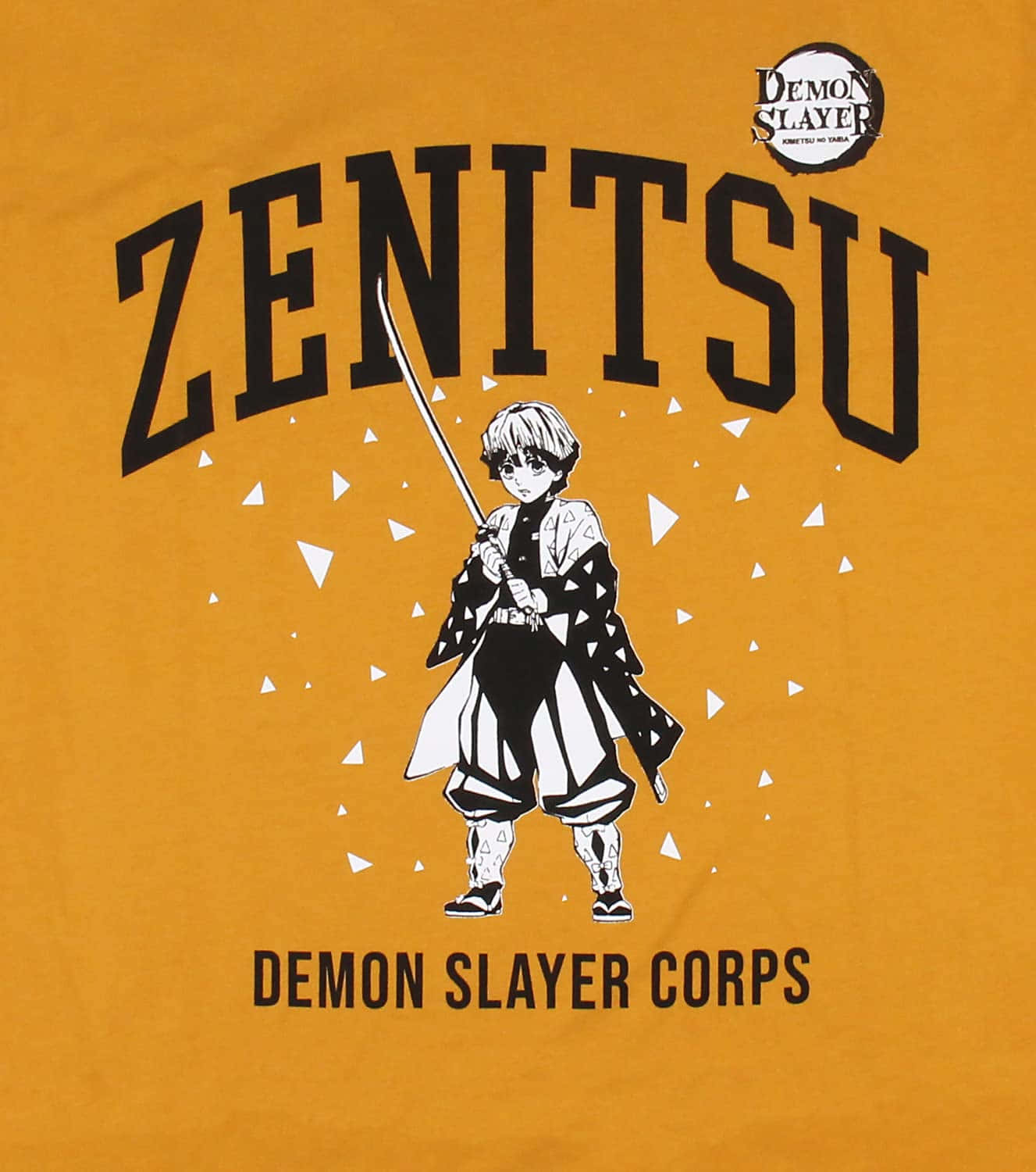 Demon Slayer Corps 桌布 壁紙 — 一張大膽的動漫風格圖像，描繪《鬼滅之刃》中的善逸手持刀劍，背景為純橙色並散落著白色三角形。