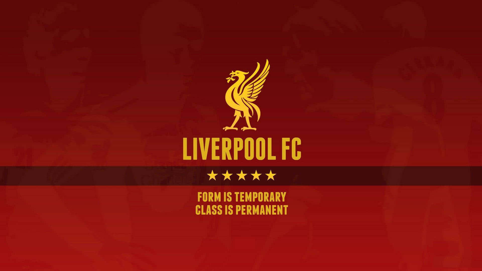 Liverpool 桌布 壁紙 — 一張大膽的紅色利物浦FC壁紙，金色利物鳥標誌和球隊格言襯以褪色球員剪影背景。