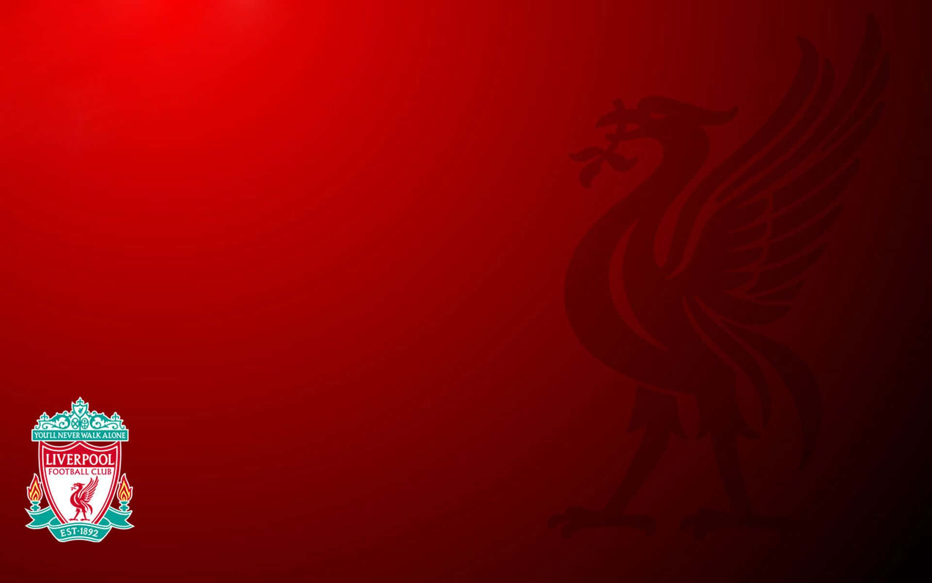Liverpool 桌布 壁紙 — 一張大膽的紅色漸變牆紙，上面有利物浦足球會會徽和一個大型陰影利物鳥剪影。