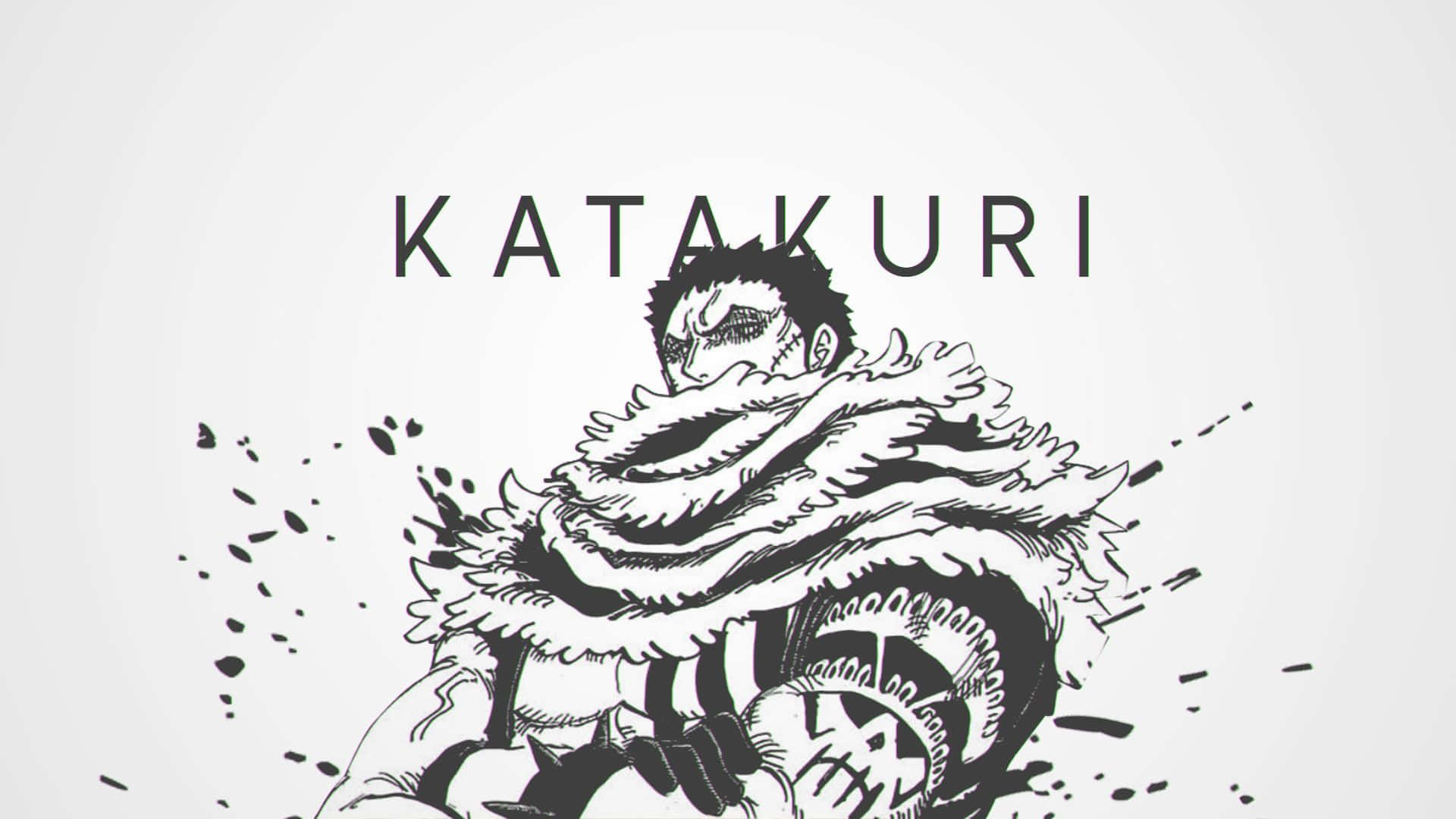 Charlotte Katakuri 桌布 壁紙 — 一張大膽的黑白動漫插圖，描繪角色卡塔庫栗以動態姿勢呈現，並帶有飛濺墨水效果。