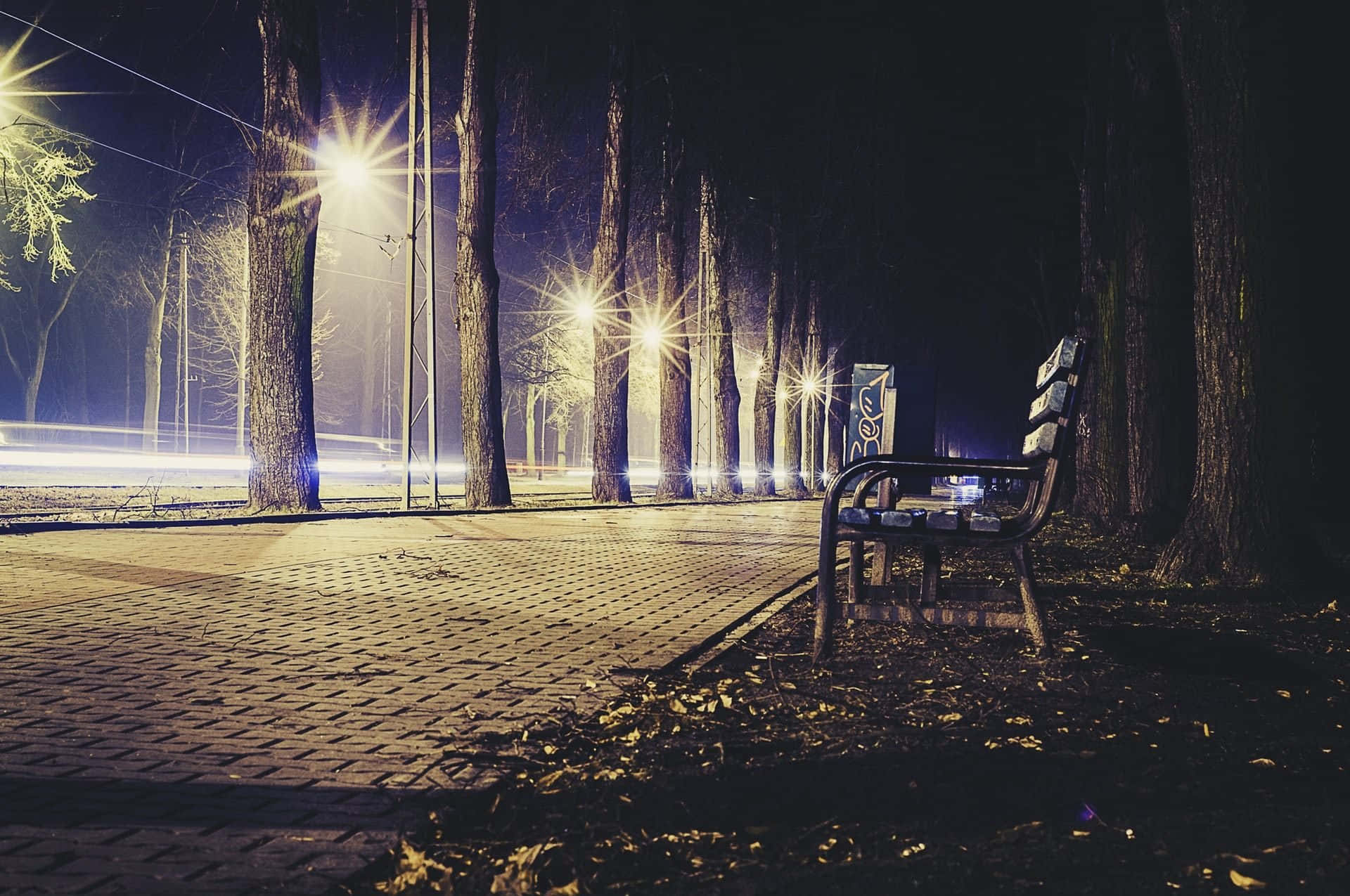 Lonely 桌布 壁紙 — 一張孤獨的長椅在夜晚的寧靜公園中，位於發光的街燈下，周圍有落葉和模糊的車燈掠過。