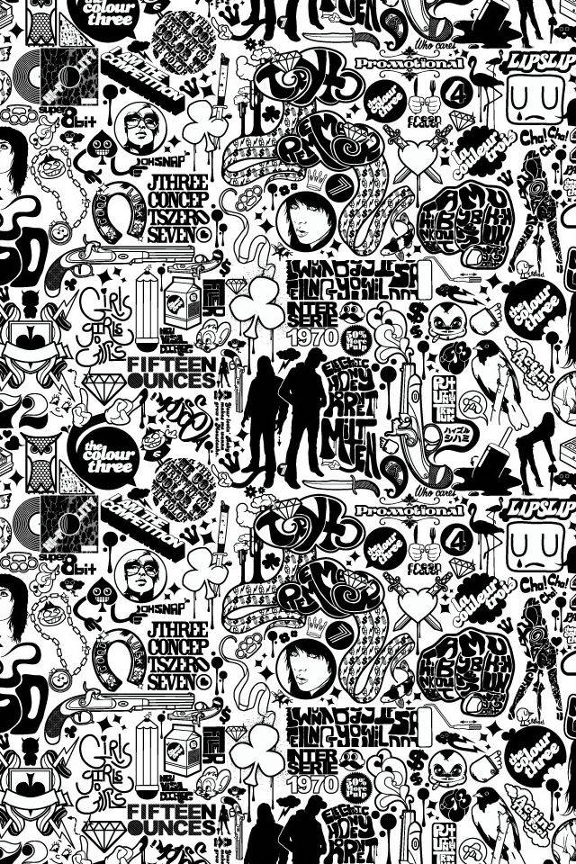 Black And White Graffiti 桌布 壁紙 — 一張密集的黑白拼貼畫，包含手繪塗鴉貼紙和流行文化圖標，呈現混亂圖案。