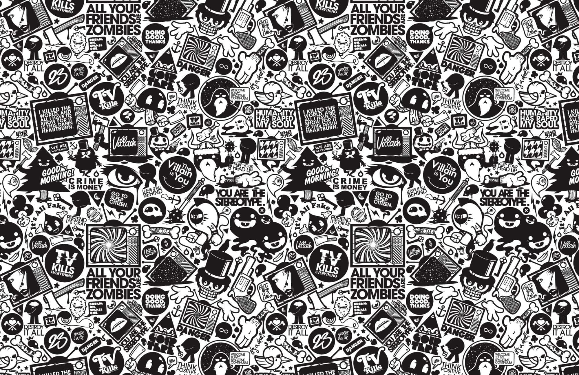 Black And White Graffiti 桌布 壁紙 — 一張密集的黑白牆紙，充滿了混亂的貼紙風格圖案，包括骷髏頭、眼睛和殭屍主題短語。