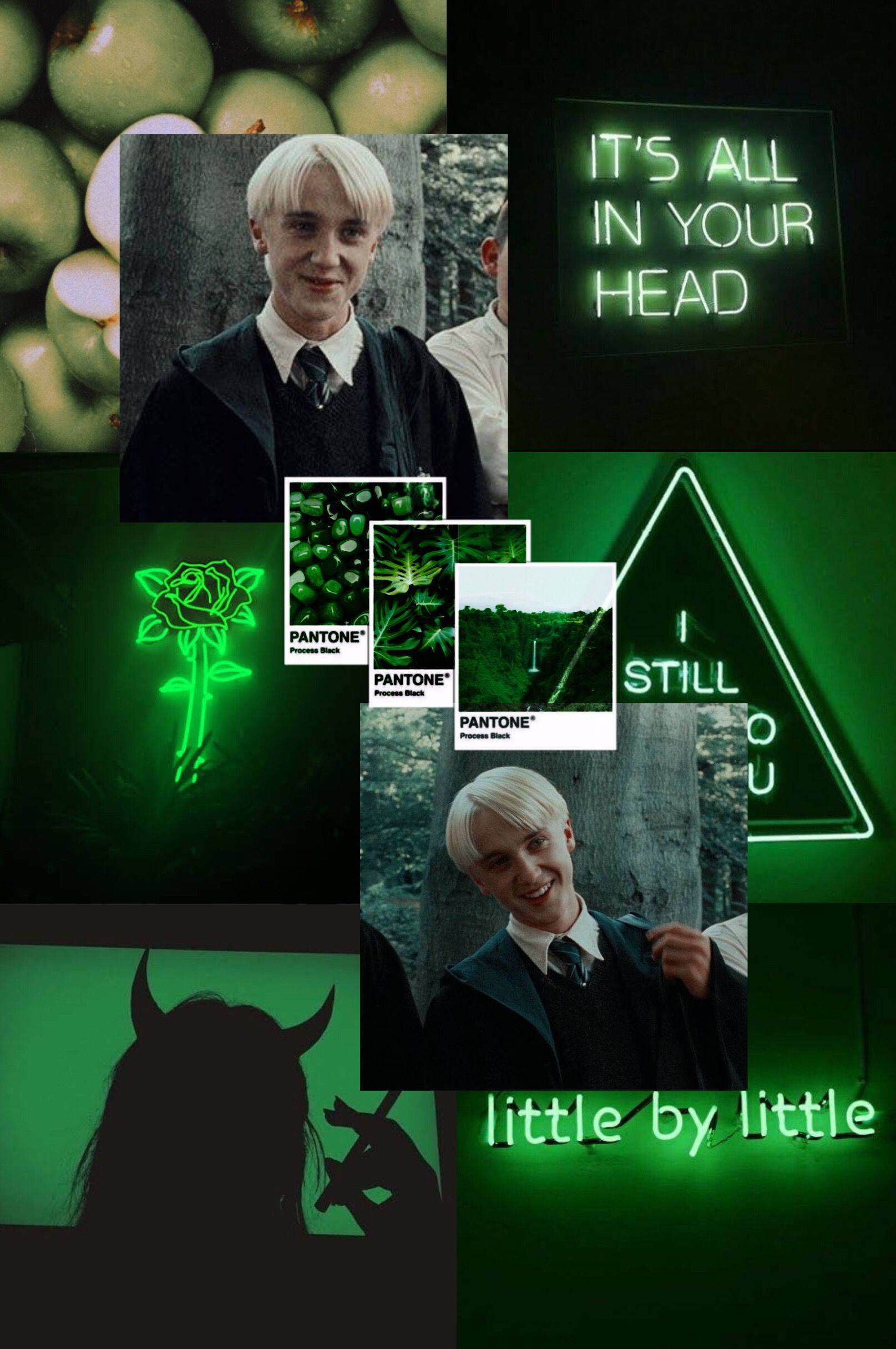 draco 桌布 壁紙 — 一張帶有神秘綠色調的拼貼畫，包含 Draco Malfoy、霓虹燈牌、蘋果和 Pantone 色票。
