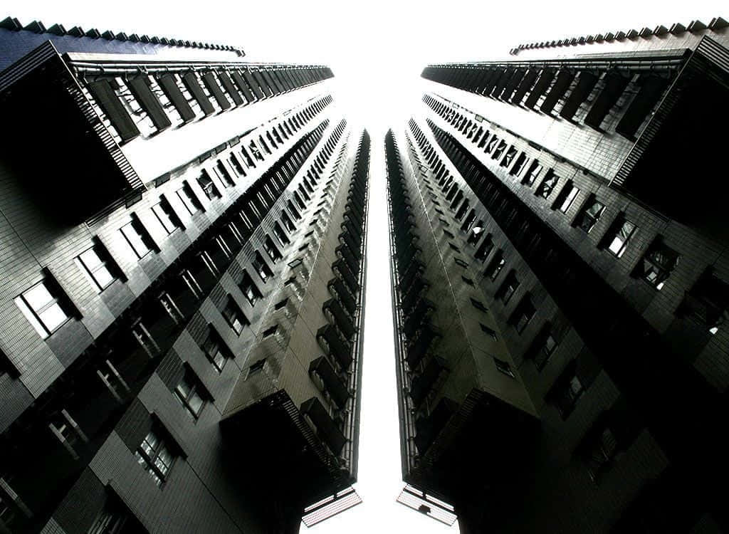 overwhelming 桌布 壁紙 — 一張從低角度拍攝的戲劇性黑白照片，兩座高聳的公寓大樓向明亮的天空匯聚。