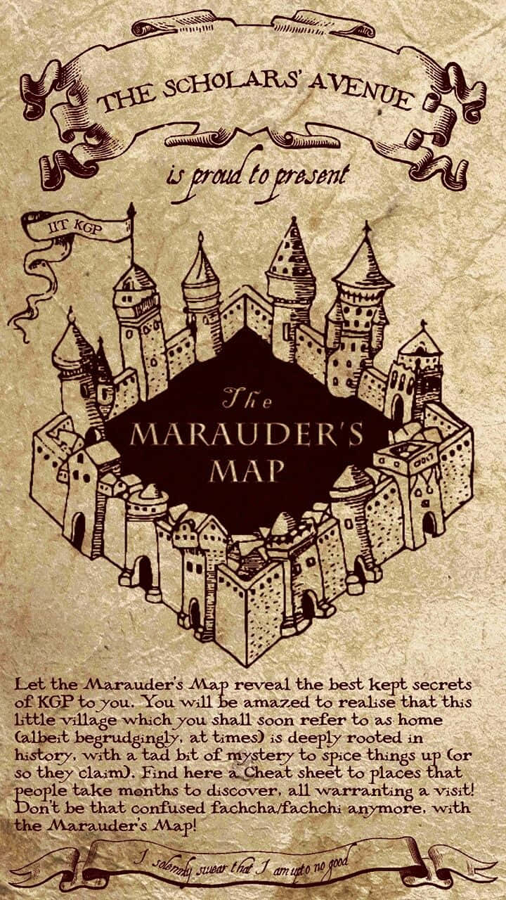 The Marauder's Map 桌布 壁紙 — 一張復古插圖羊皮紙，上面有劫盜地圖，周圍環繞著城堡般的結構、華麗的捲軸裝飾和文字。