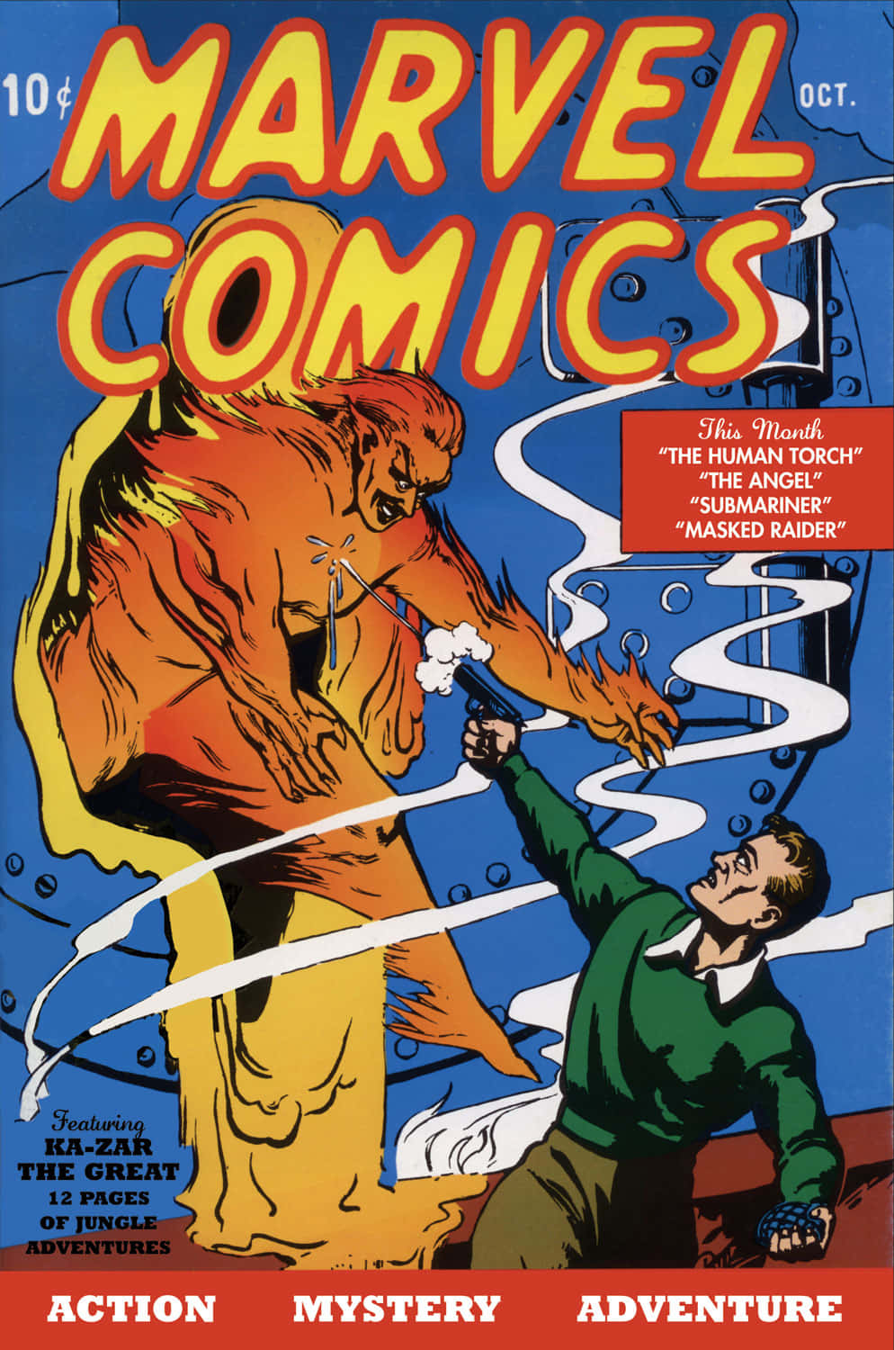 comic 桌布 壁紙 — 一張復古漫威漫畫封面顯示，一名身穿綠色襯衫的男子在藍色背景前向一個高聳的橙色人形人物開槍。