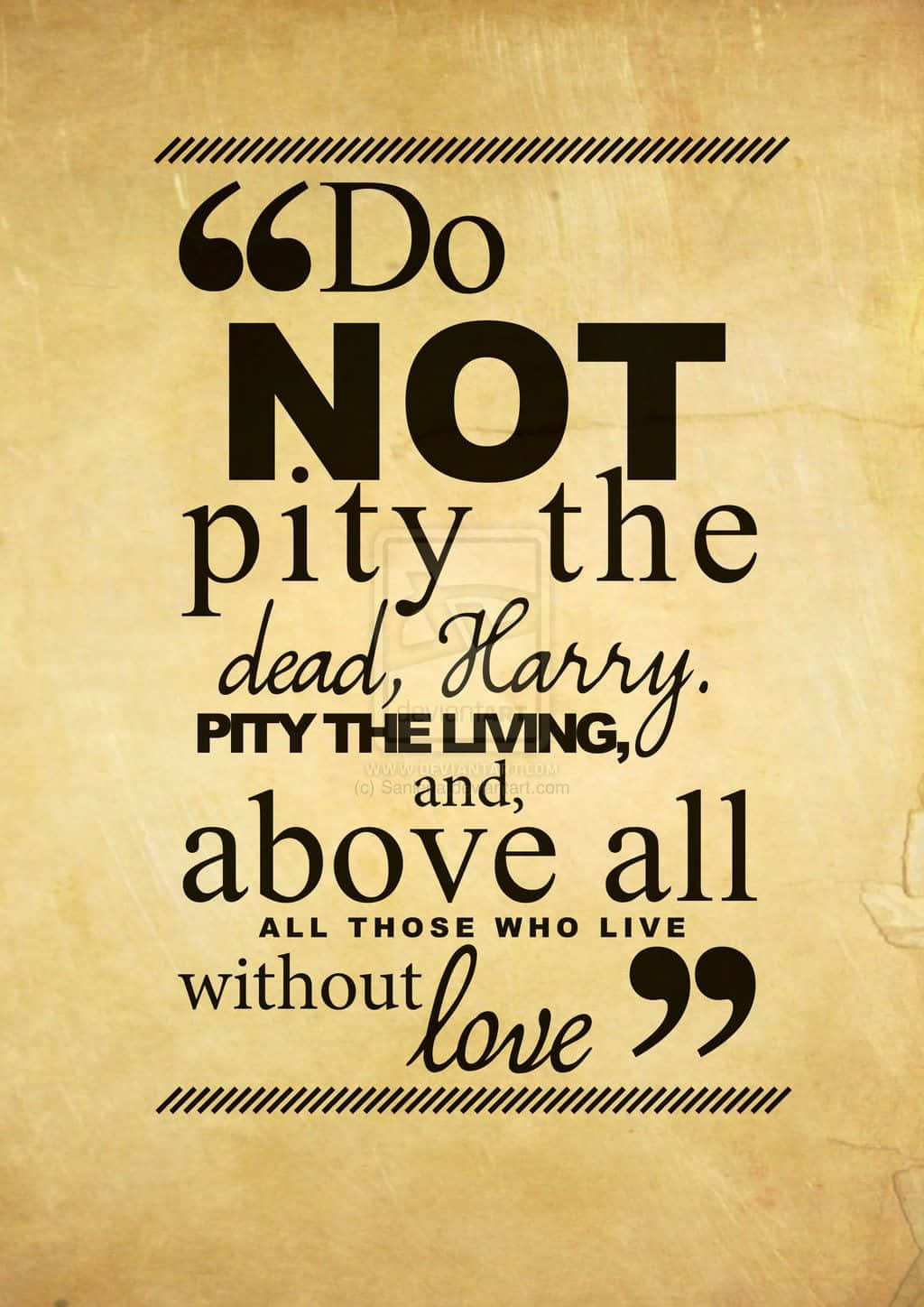 Harry Potter Quotes 桌布 壁紙 — 一張復古羊皮紙展示了一句粗體黑色名言，關於憐憫活著的人和沒有愛的人。