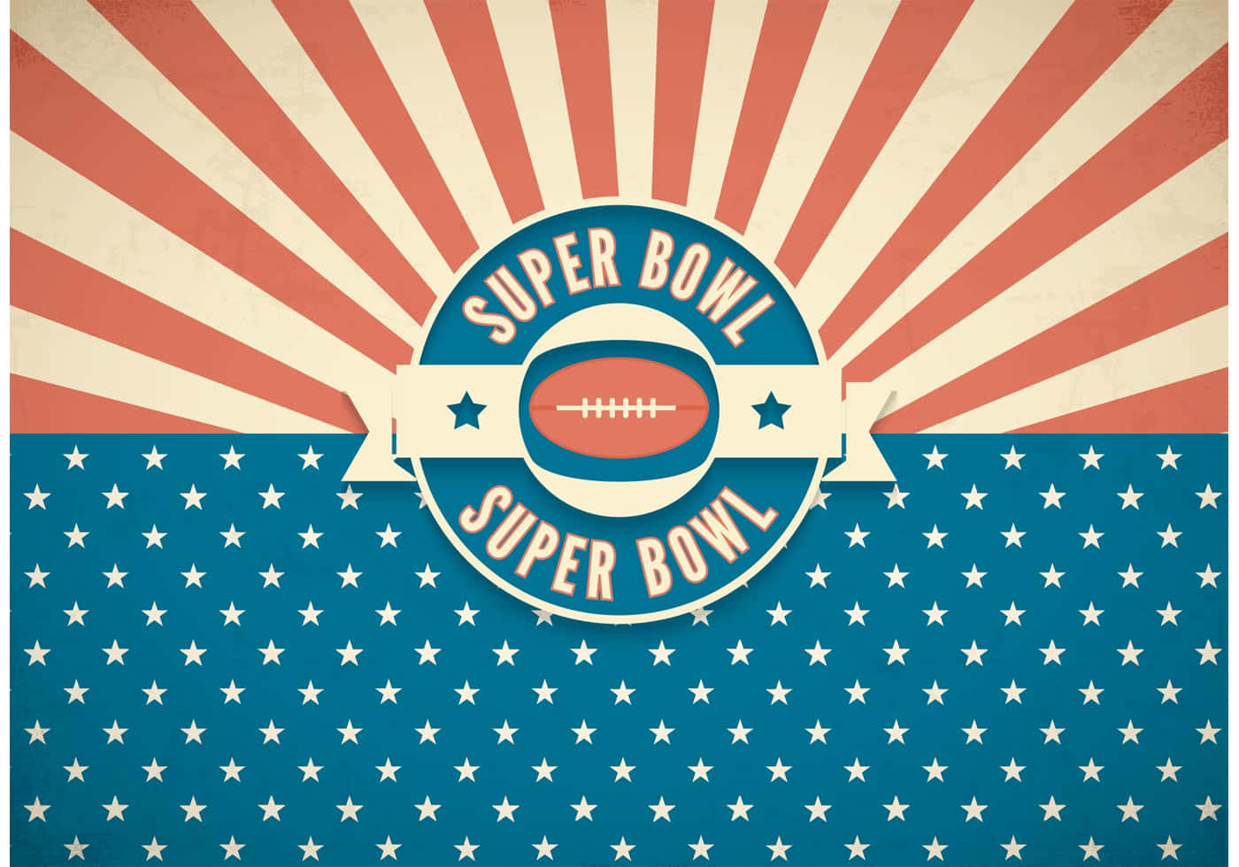 Super Bowl 桌布 壁紙 — 一張復古風格的超級碗海報，帶有美式足球標誌，背景為紅白光芒和藍色星空。