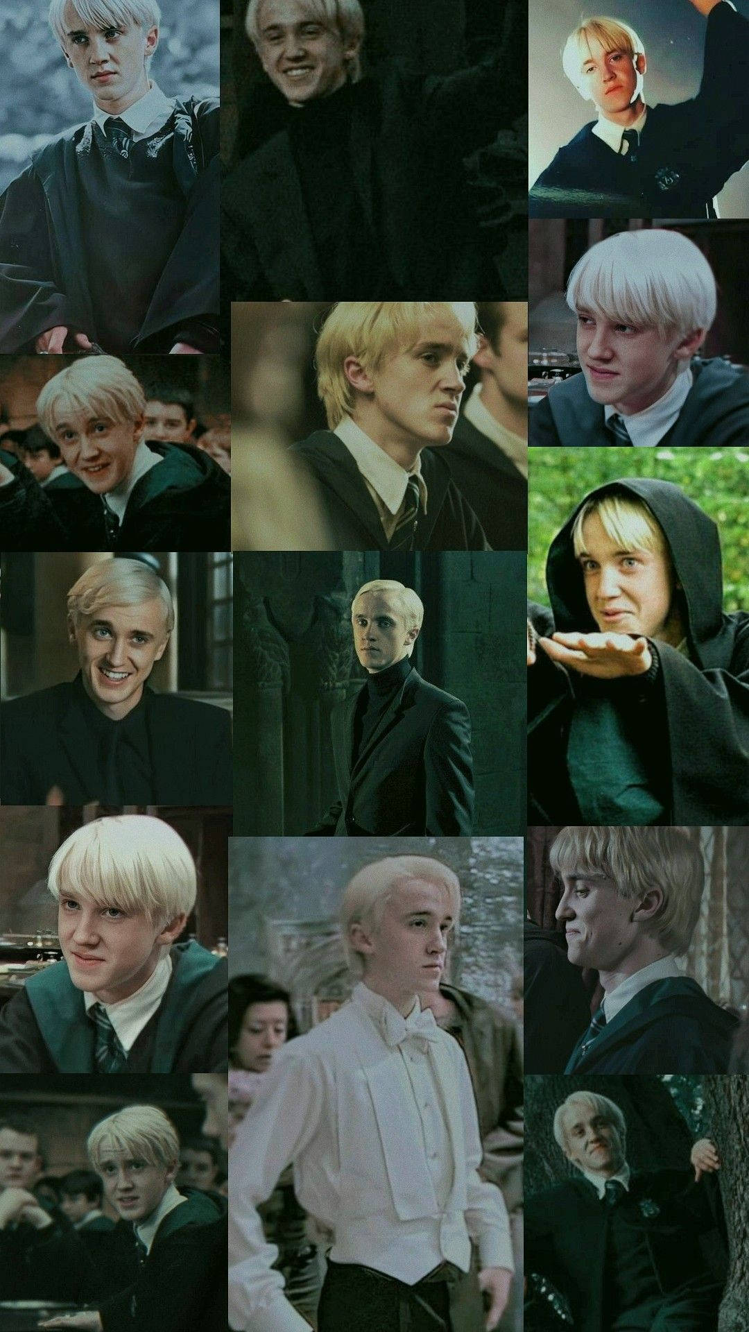 draco 桌布 壁紙 — 一張德拉科·馬爾福在霍格華茲各種場景中穿著黑色長袍和白色襯衫的拼貼畫。