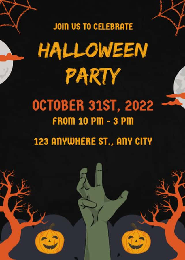 Halloween Invitations 桌布 壁紙 — 一張恐怖嘅萬聖節派對海報，黑色背景上有南瓜、光禿禿嘅樹同月亮，仲有一隻喪屍手做出和平手勢。