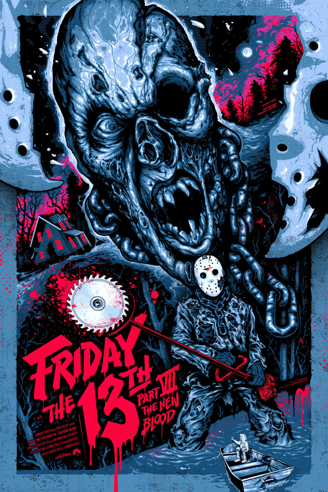 Scary Movies 桌布 壁紙 — 一張恐怖海報， featuring Jason Voorhees 揮舞電鋸對抗一個怪獸般的面孔，背景是血紅色的森林和小屋。