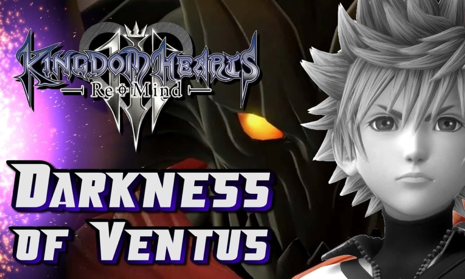 Kingdom Hearts Ventus 桌布 壁紙 — 一張戲劇性的《王國之心 ReMind》桌布，描繪單色主角在宇宙紫色背景前面對一個擁有發光橙色眼睛的陰影人物。