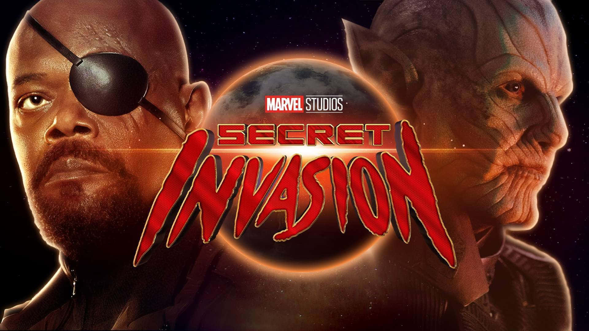 Secret Invasion 桌布 壁紙 — 一張戲劇性的Marvel Studios海報， featuring Nick Fury 和一個外星人，背後有發光的行星和粗體紅色的Secret Invasion文字。