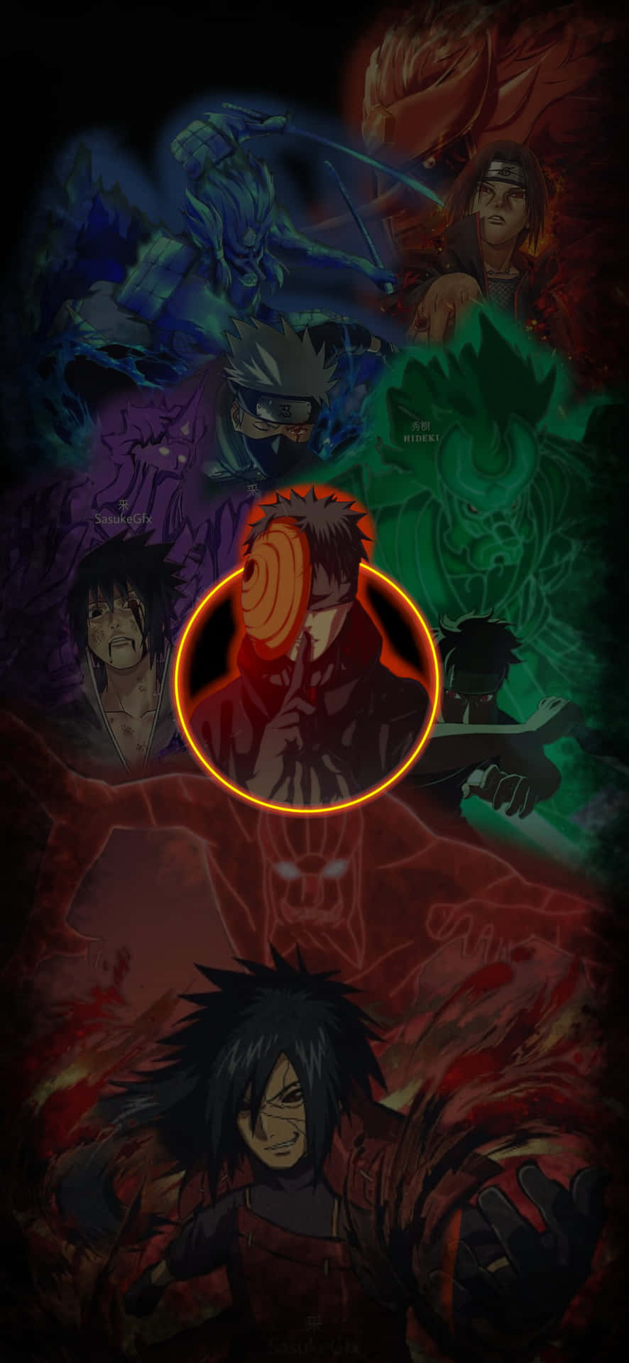 Akatsuki Tobi 桌布 壁紙 — 一張戲劇性的動漫壁紙，以多個忍者角色為特色，帶有發光的查克拉和強烈的表情，背景為深色。