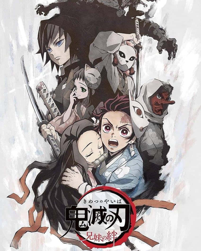 Demon Slayer Half-demon 桌布 壁紙 — 一張戲劇性的動漫海報，描繪《鬼滅之刃》角色以動態姿勢手持刀劍和面具，背景為暴風雨般的灰色。