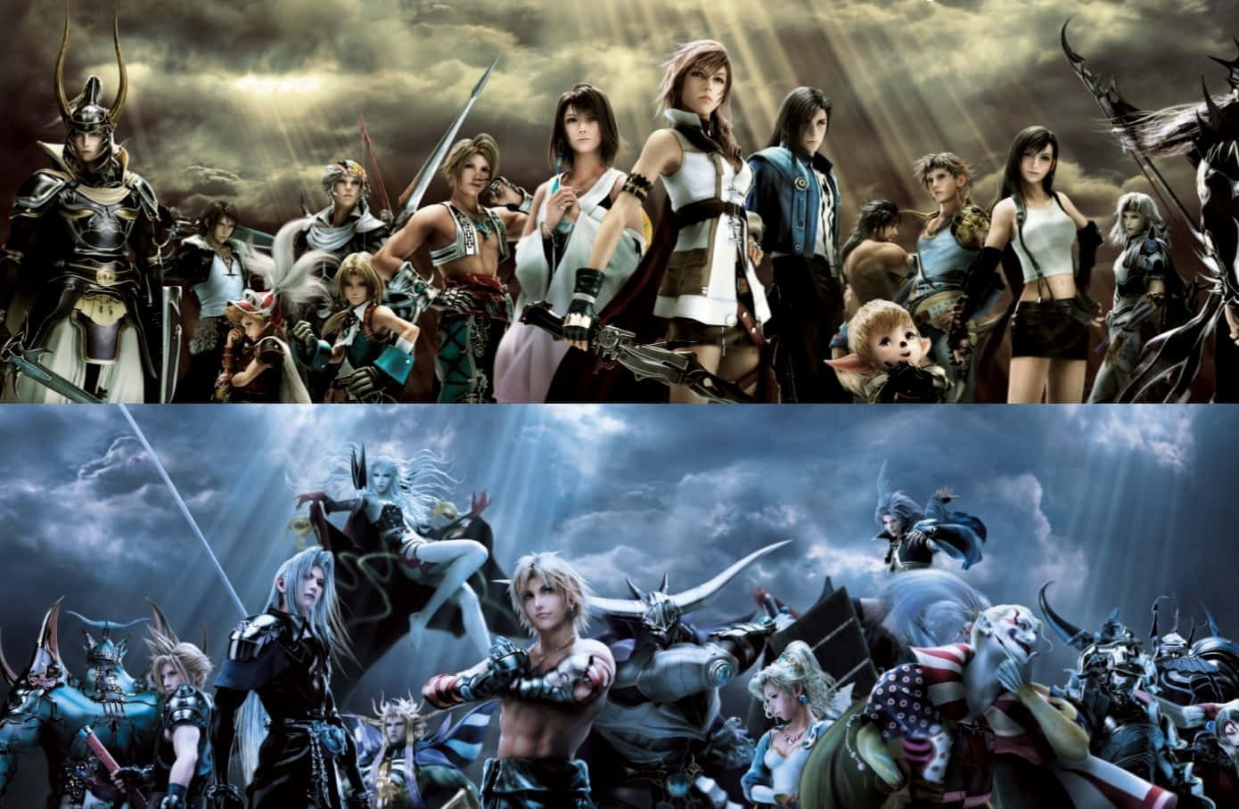 Final Fantasy Characters 桌布 壁紙 — 一張戲劇性的動漫風格壁紙，描繪了兩排奇幻戰士和怪物，背景是暴風雨的天空和神聖的光束。