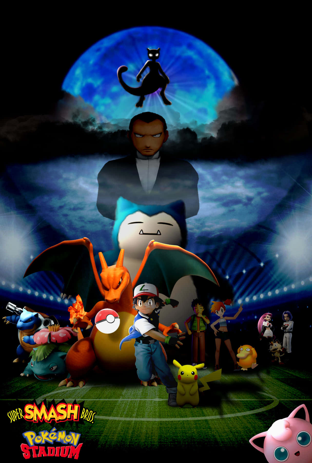 Pokemon Stadium 桌布 壁紙 — 一張戲劇性的動漫風格海報，描繪寶可夢角色在體育場場地上，背景是發光的藍色月亮和貓咪剪影。